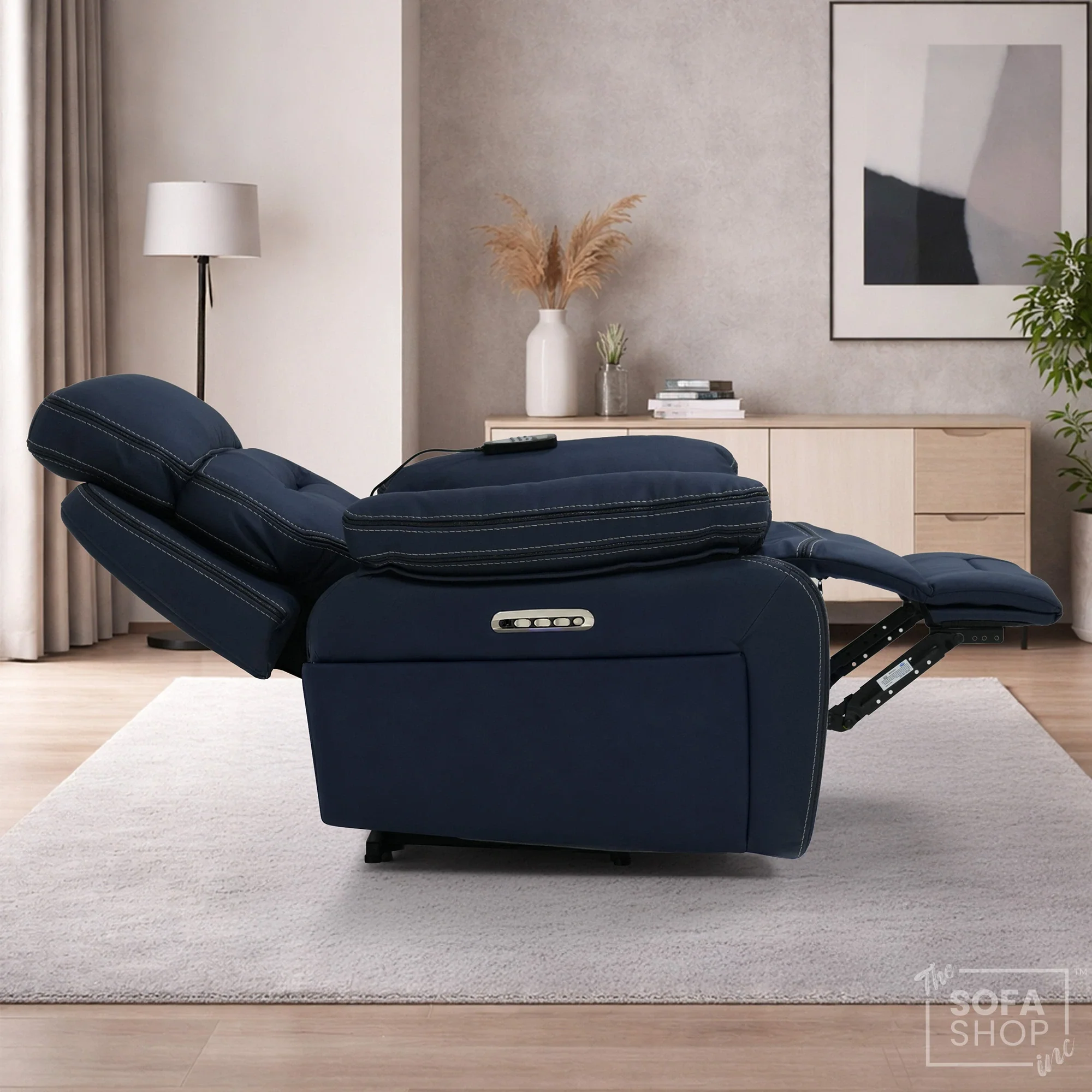 Electric Riser Chair In Blue Fabric | Hi-Tech Recliner Armchair With Vibration Massage + Heated Lumbar + Cooling Cup Holder + Power Headrest | Tuscany | The Sofa Shop - Image 8