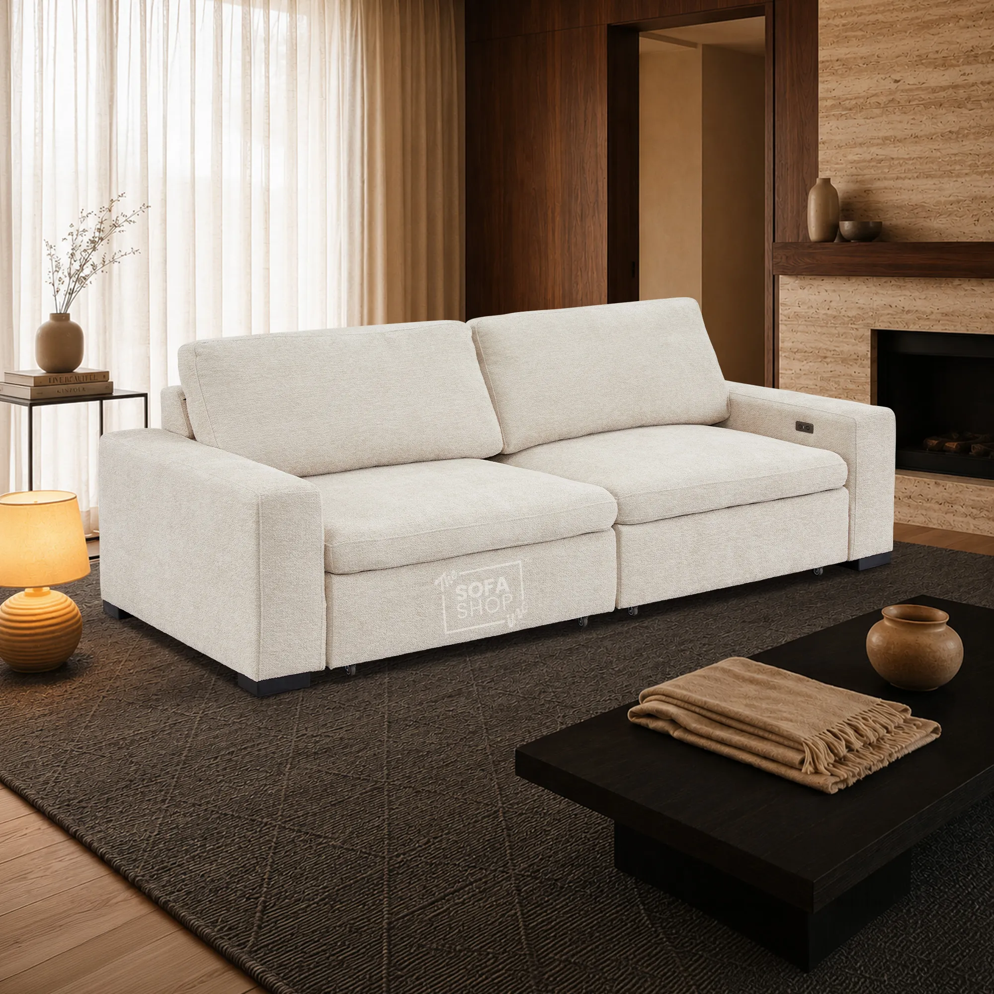 Extendable Electric Sofa - Bed in Cream Chenille Fabric | 3 Seater Power Sliding Couch Perfect for Home Cinema & Movie Nights  | USBc Charging Ports | Palma - Image 3
