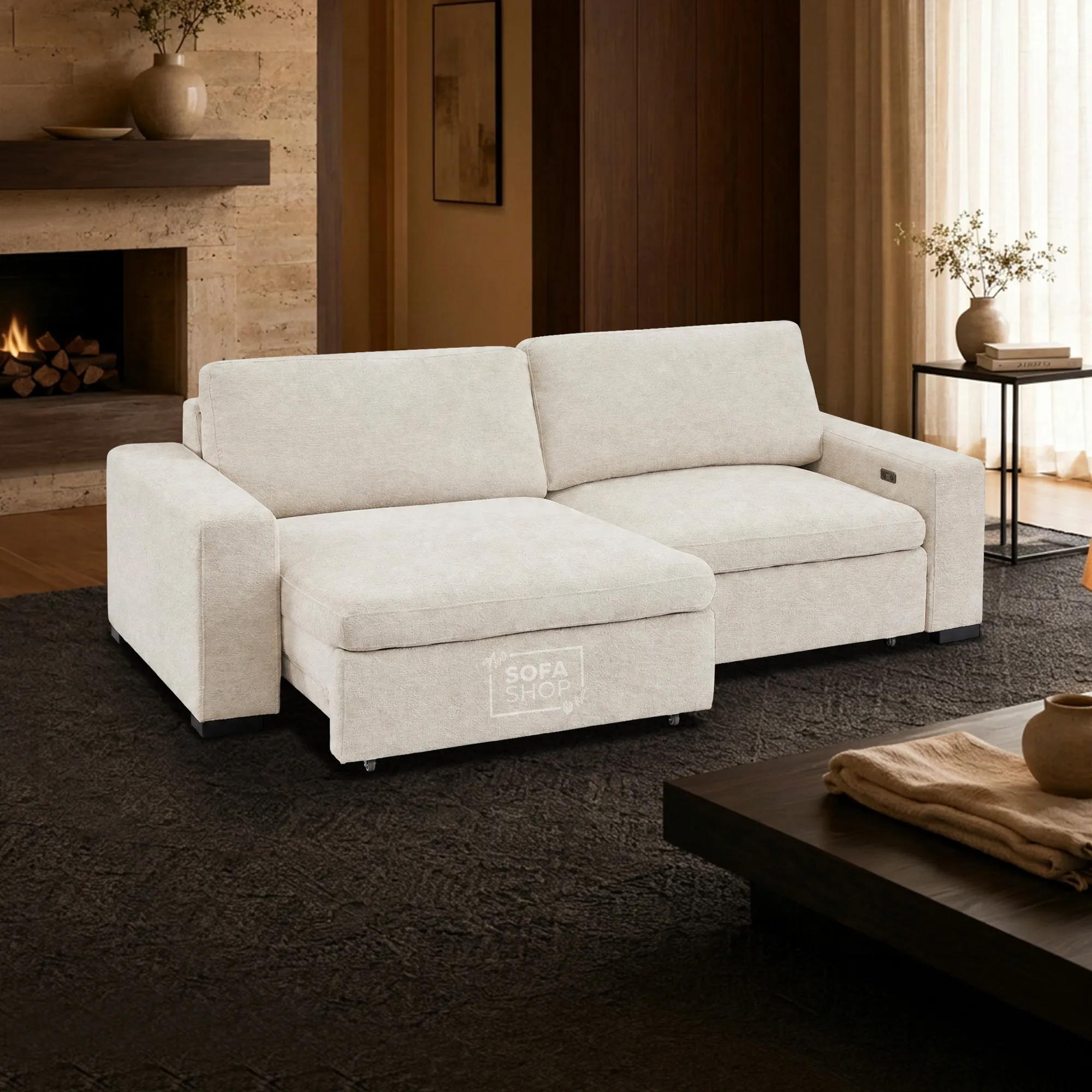 Extendable Electric Sofa - Bed in Cream Chenille Fabric | 3 Seater Power Sliding Couch Perfect for Home Cinema & Movie Nights  | USBc Charging Ports | Palma - Image 4