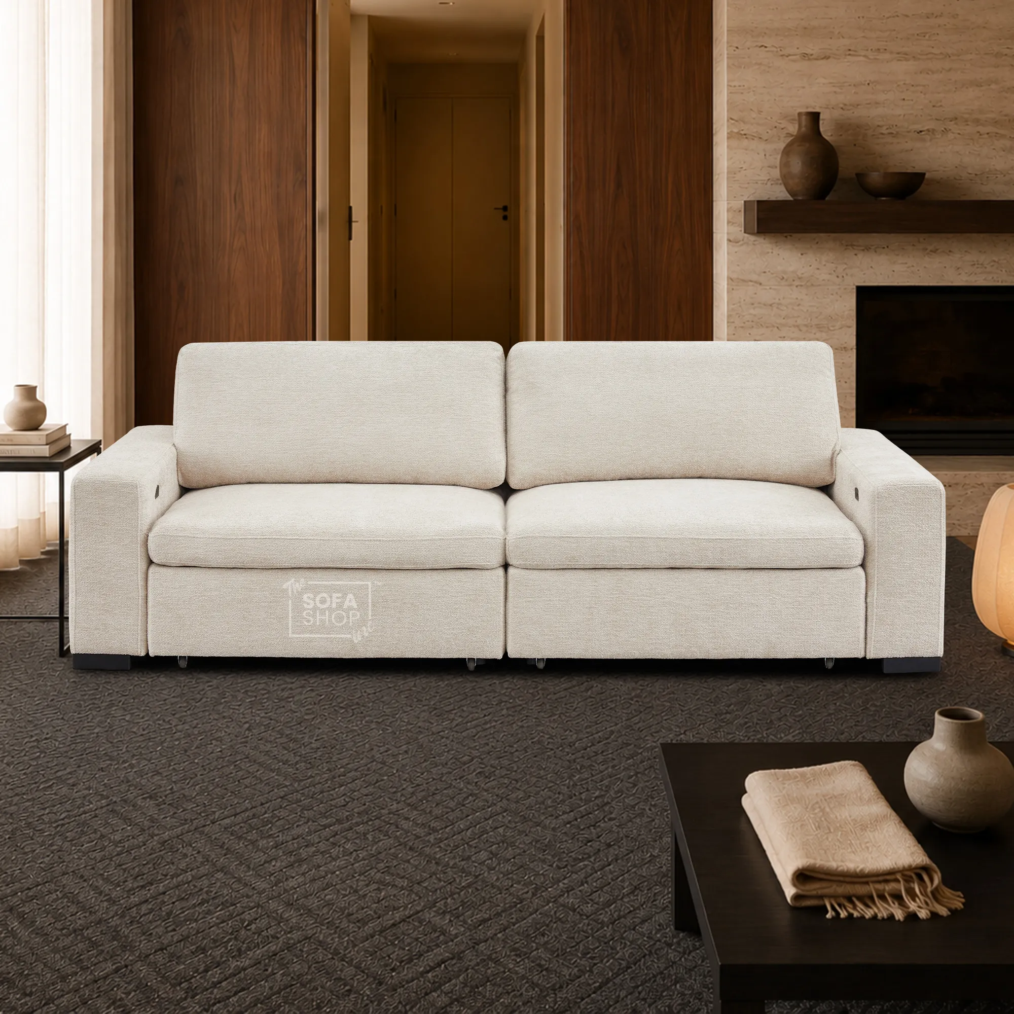 Extendable Electric Sofa - Bed in Cream Chenille Fabric | 3 Seater Power Sliding Couch Perfect for Home Cinema & Movie Nights  | USBc Charging Ports | Palma - Image 5