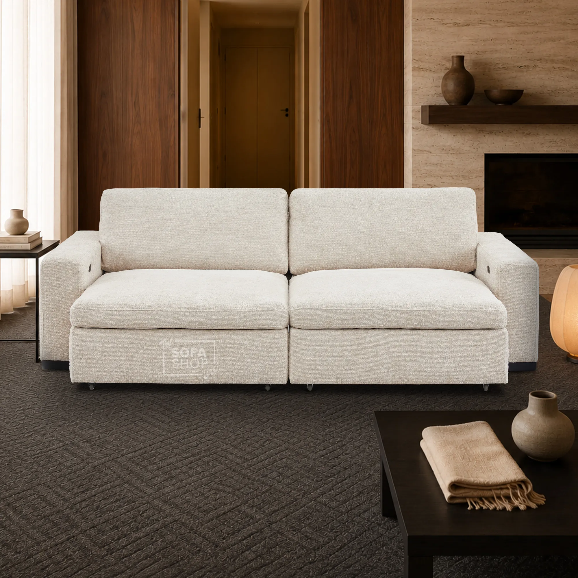 Extendable Electric Sofa - Bed in Cream Chenille Fabric | 3 Seater Power Sliding Couch Perfect for Home Cinema & Movie Nights  | USBc Charging Ports | Palma - Image 6