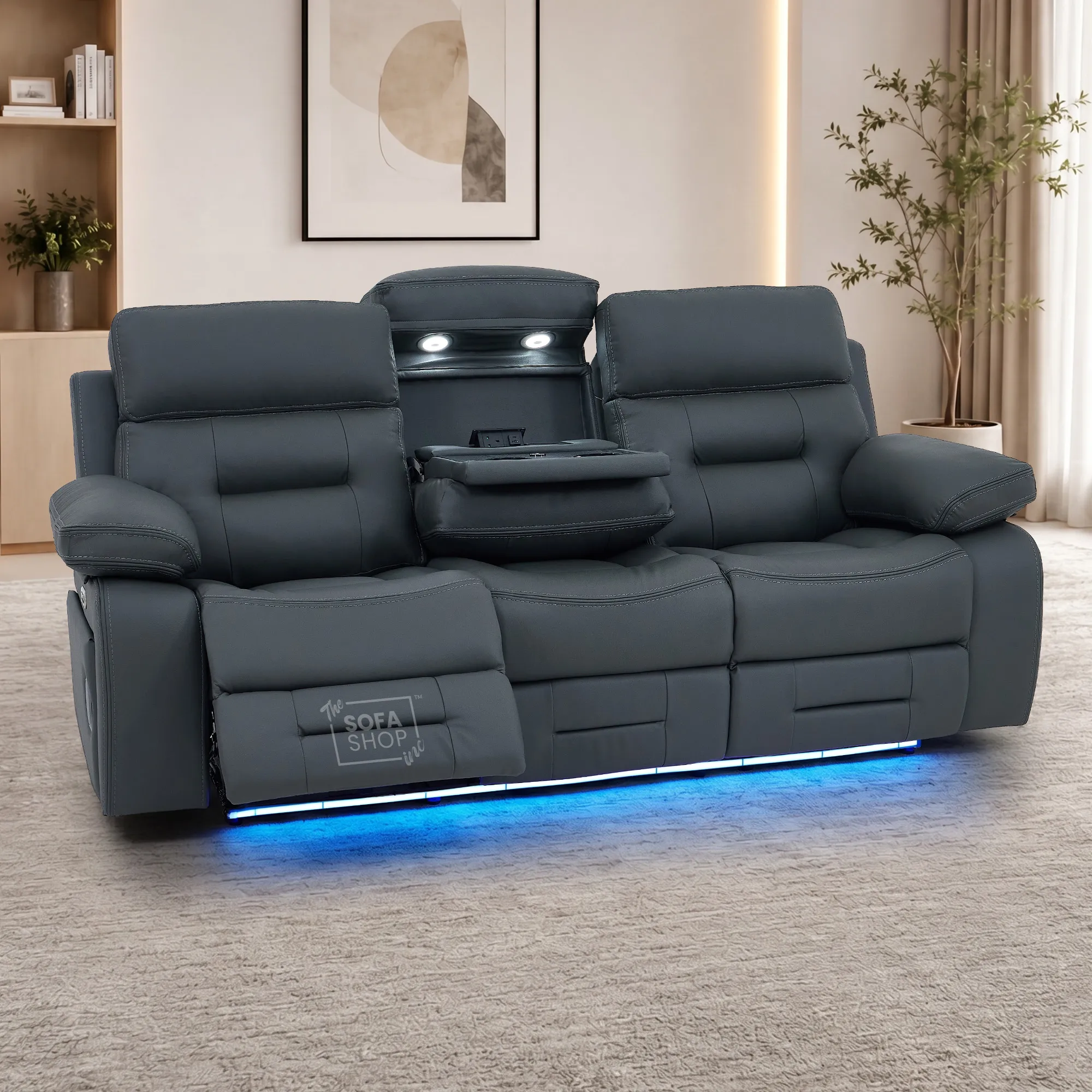 3+1 Electric Recliner Sofa Suite in Grey Real Leather | Hi-Tech Cinema Set with Power Recline, Power Headrests, Bluetooth Speaker, Storage Drawer  | Sicily | The Sofa Shop - Image 2