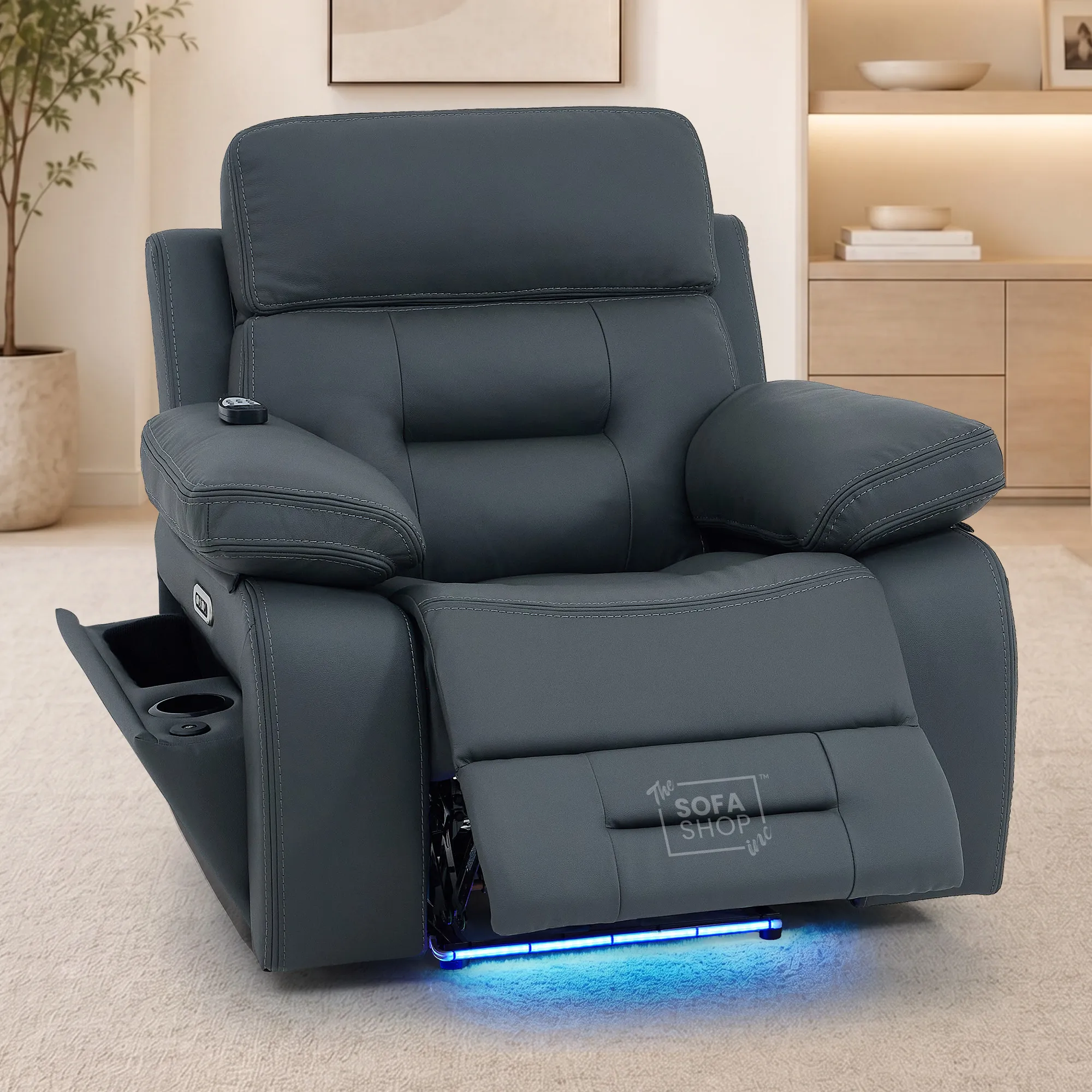 3+1 Electric Recliner Sofa Suite in Grey Real Leather | Hi-Tech Cinema Set with Power Recline, Power Headrests, Bluetooth Speaker, Storage Drawer  | Sicily | The Sofa Shop - Image 3