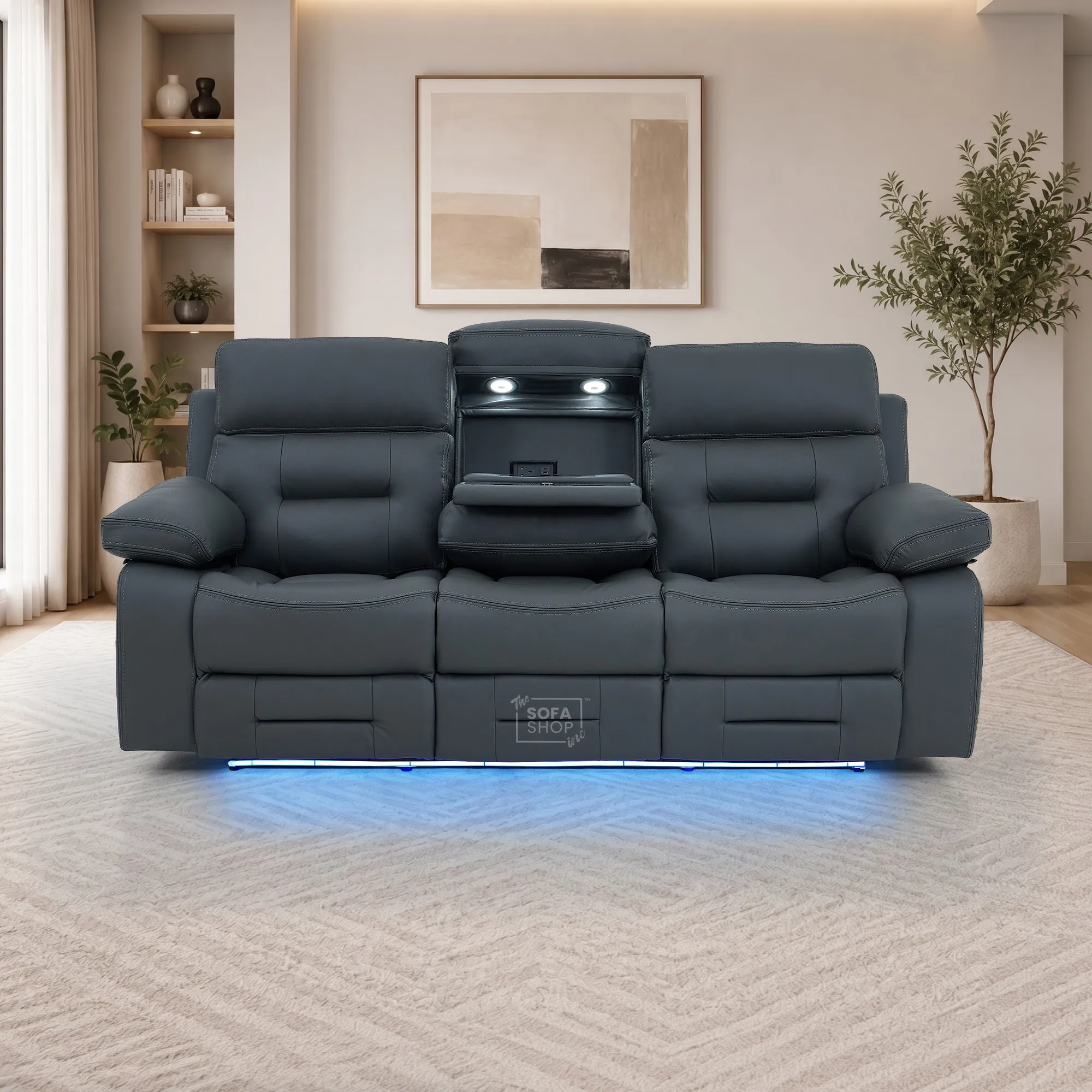 3+1 Electric Recliner Sofa Suite in Grey Real Leather | Hi-Tech Cinema Set with Power Recline, Power Headrests, Bluetooth Speaker, Storage Drawer  | Sicily | The Sofa Shop - Image 4