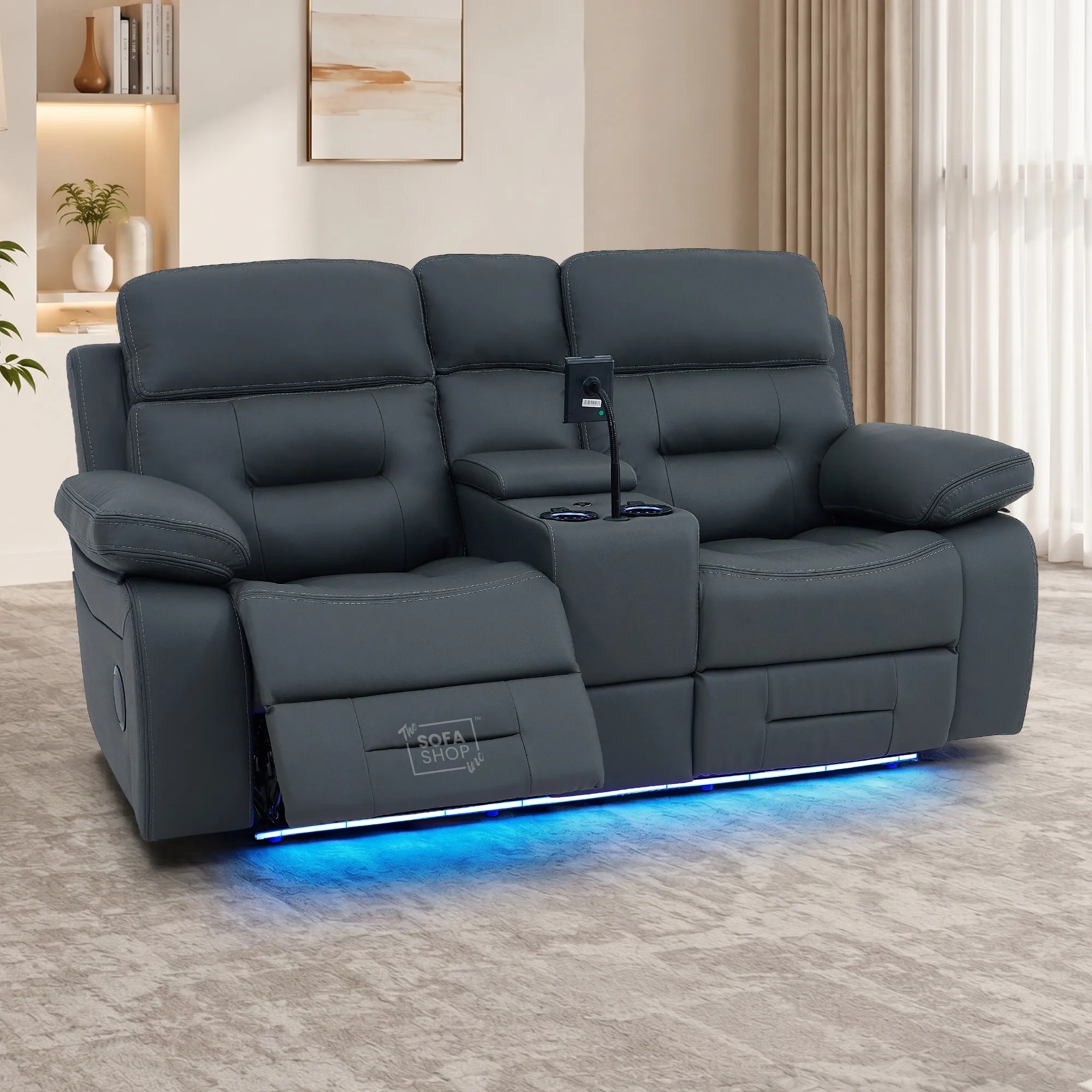 3+2 Grey Genuine Leather Electric Recliner Cinema Sofa | Hi-Tech Sofa Suite with Power Recline, Power Headrests, Wireless Charging, Heating & Cooling Cupholders, Bluetooth Speakers | Sicily | The Sofa Shop - Image 3