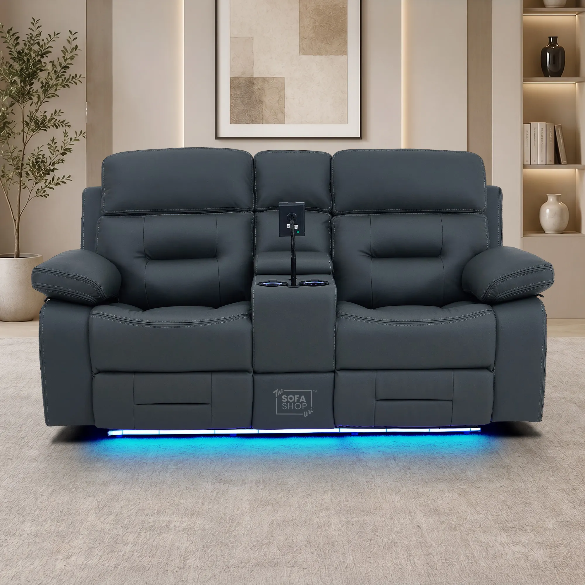 3+2 Grey Genuine Leather Electric Recliner Cinema Sofa | Hi-Tech Sofa Suite with Power Recline, Power Headrests, Wireless Charging, Heating & Cooling Cupholders, Bluetooth Speakers | Sicily | The Sofa Shop - Image 5
