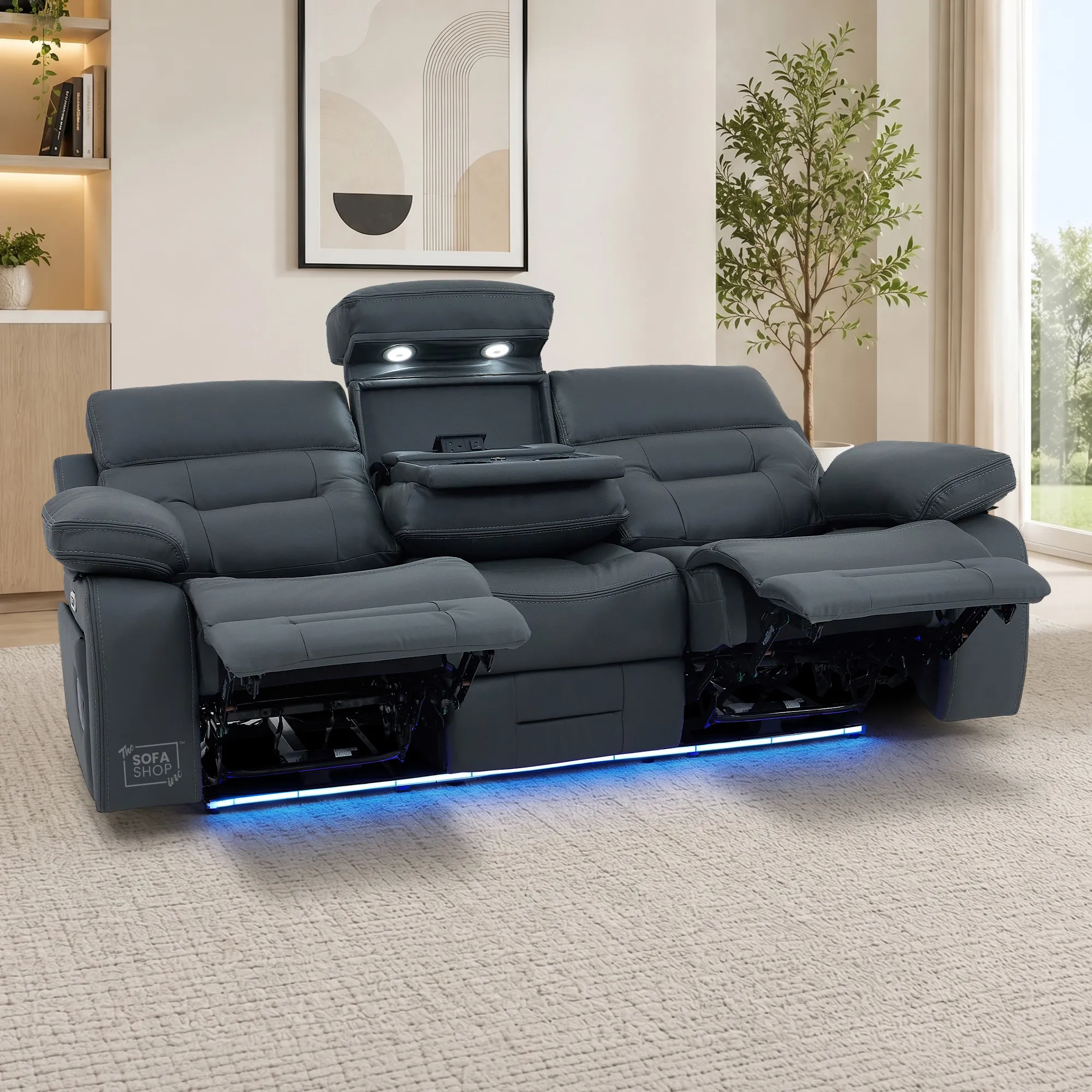 3+2 Grey Genuine Leather Electric Recliner Cinema Sofa | Hi-Tech Sofa Suite with Power Recline, Power Headrests, Wireless Charging, Heating & Cooling Cupholders, Bluetooth Speakers | Sicily | The Sofa Shop - Image 7