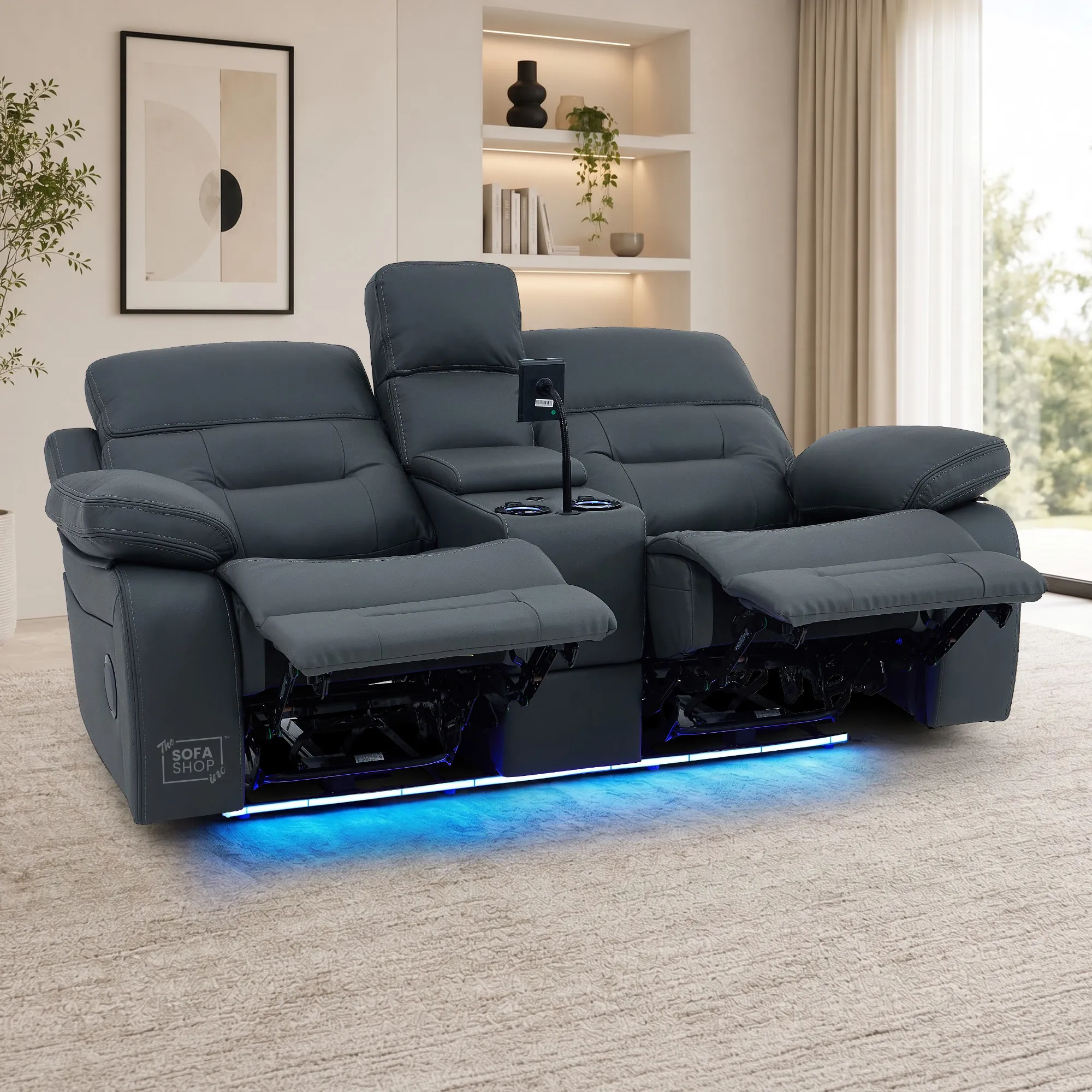 3+2 Grey Genuine Leather Electric Recliner Cinema Sofa | Hi-Tech Sofa Suite with Power Recline, Power Headrests, Wireless Charging, Heating & Cooling Cupholders, Bluetooth Speakers | Sicily | The Sofa Shop - Image 8