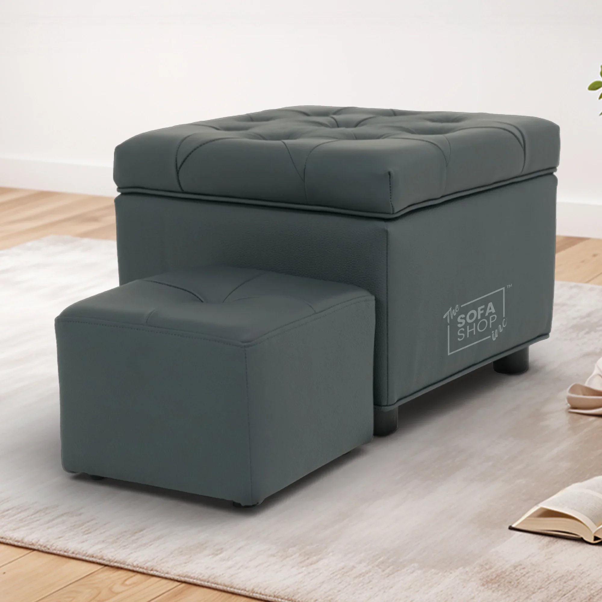 Grey Real Leather Footstool | Storage Ottoman for Sofa - Square