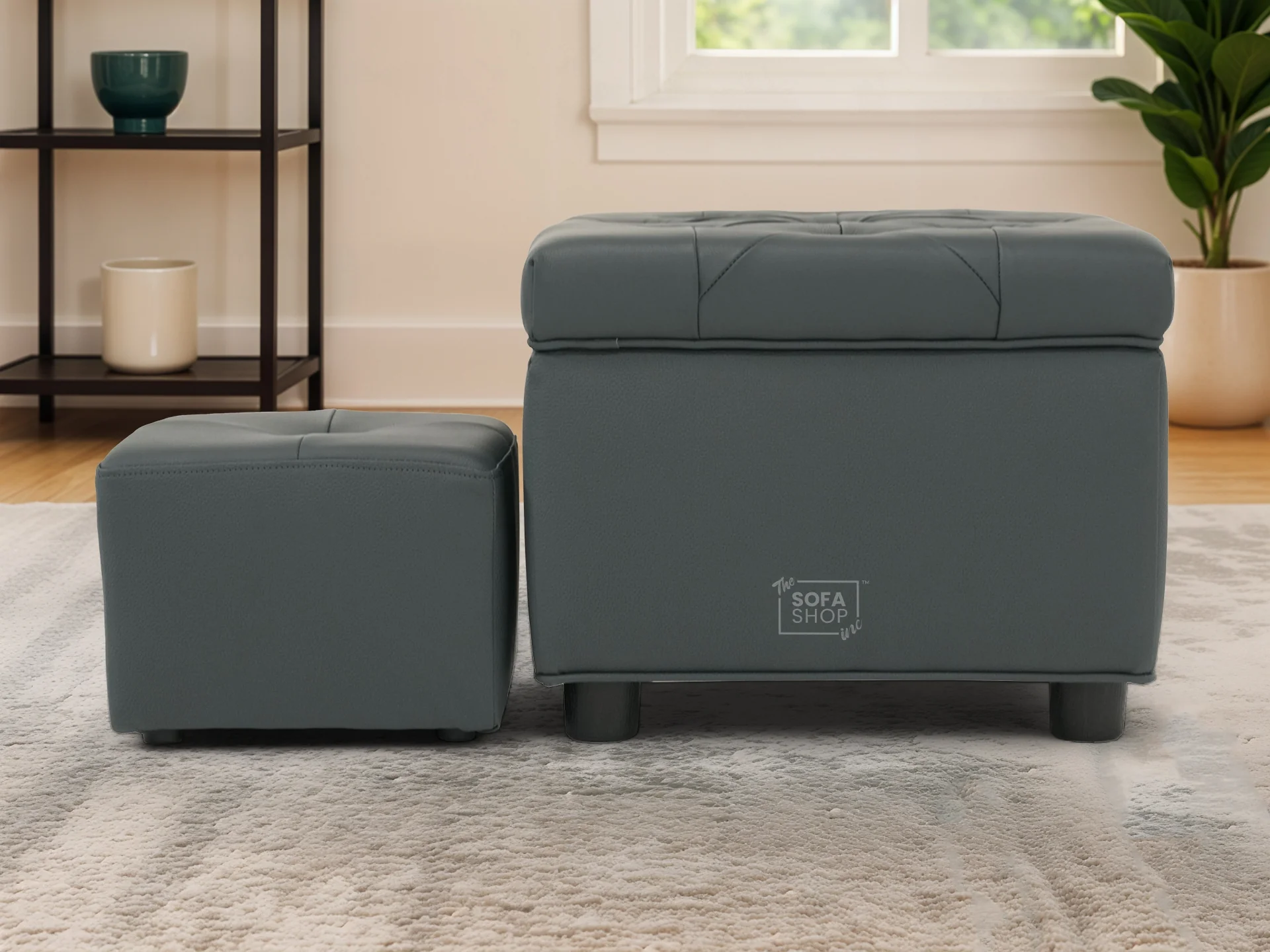 Grey Real Leather Footstool | Storage Ottoman for Sofa - Square - Image 2