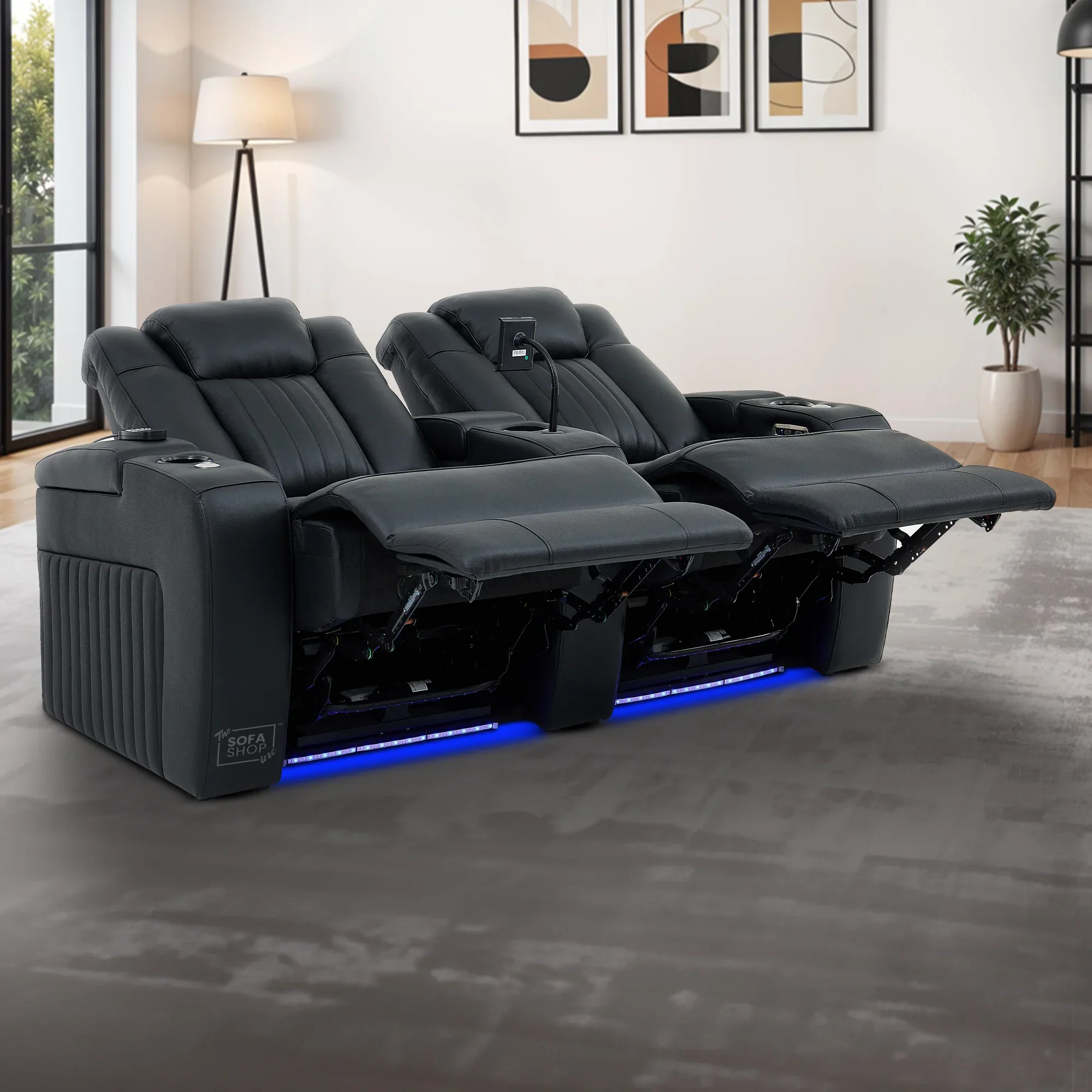 Real Leather 2+1 Electric Recliner Cinema Sofa Set in Black | 2 Piece Sofa Set with Massage, USB Ports, Cup Holders, Storage Boxes & Wireless Charger | Capri | The Sofa Shop - Image 6