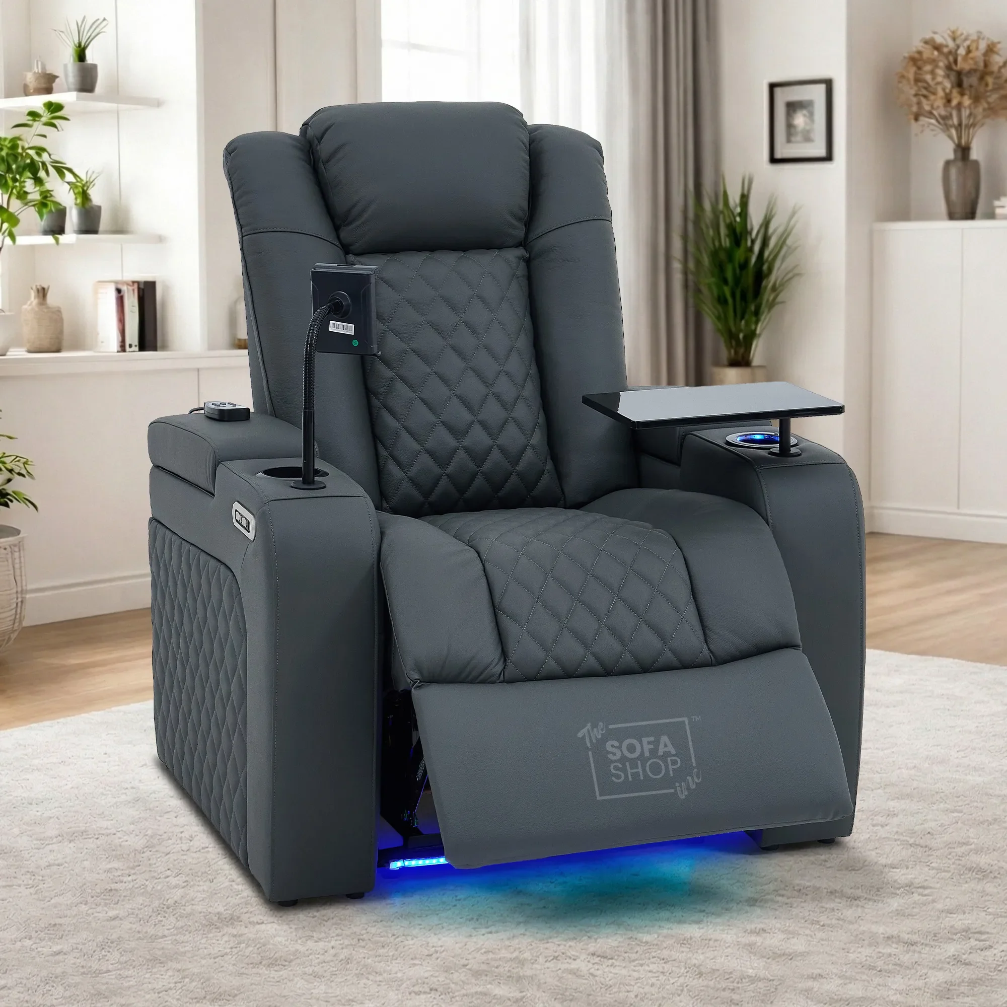 Real Leather 3+1 Sofa Set in Grey | Hi-Tech 2-Piece Sofa Suite with Power Recline, Power Headrests, Wireless Charging, Heat & Cool Cupholders | Milano | The Sofa Shop - Image 3