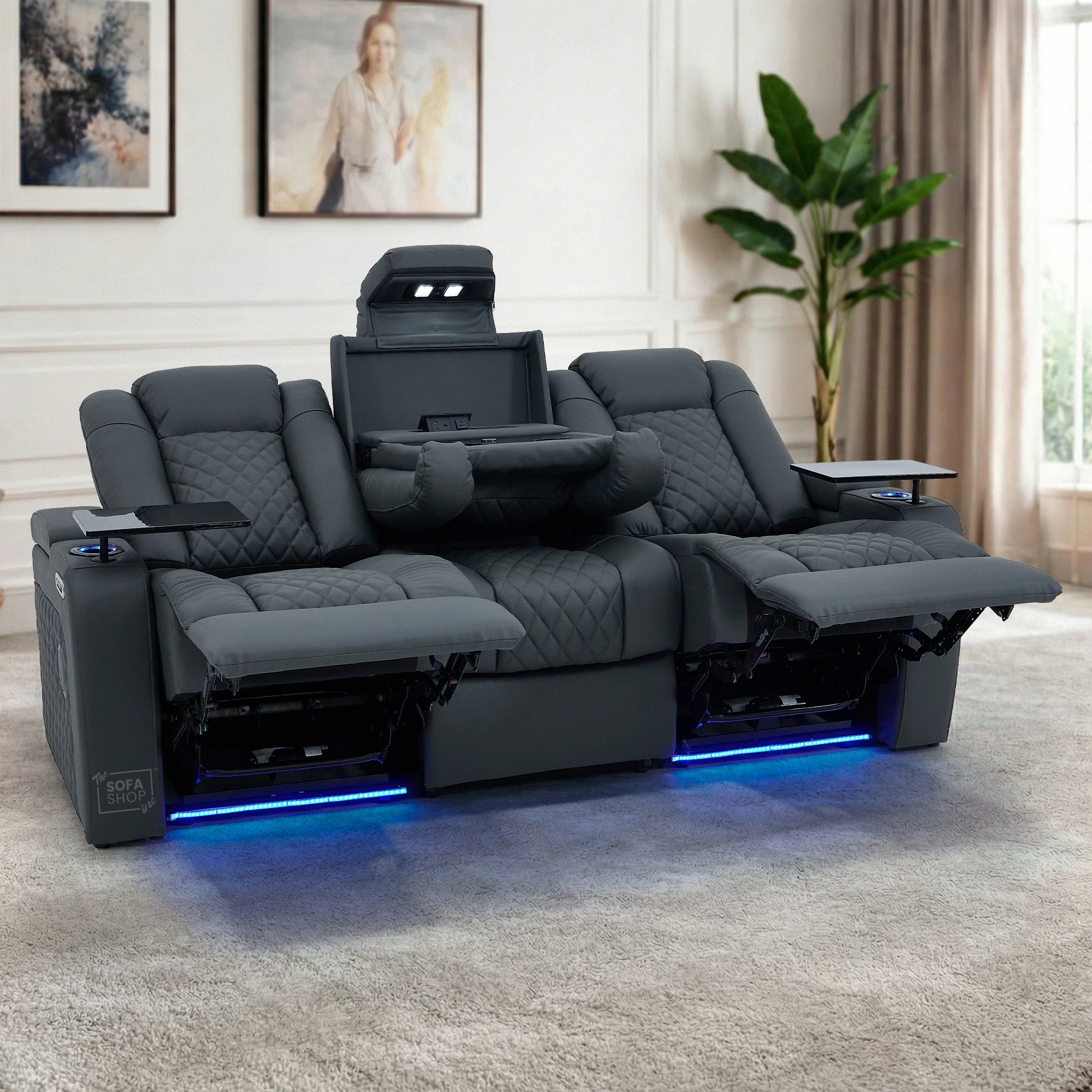 Real Leather 3+1 Sofa Set in Grey | Hi-Tech 2-Piece Sofa Suite with Power Recline, Power Headrests, Wireless Charging, Heat & Cool Cupholders | Milano | The Sofa Shop - Image 7