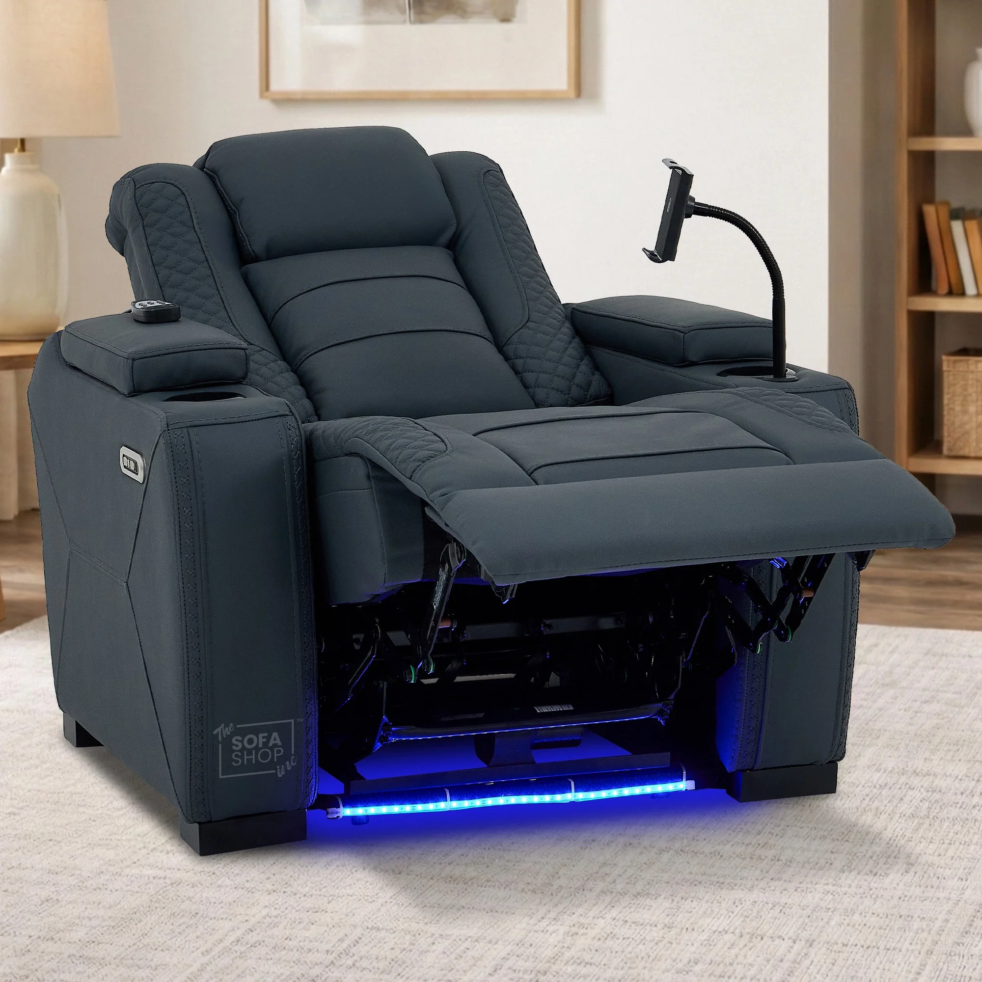 Real Leather Home Theatre Electric Recliner Chair with Massage, Power Recliner, USB Ports & Cup Holders | Blue Leather Home Cinema Recliner | Napoli - Image 3