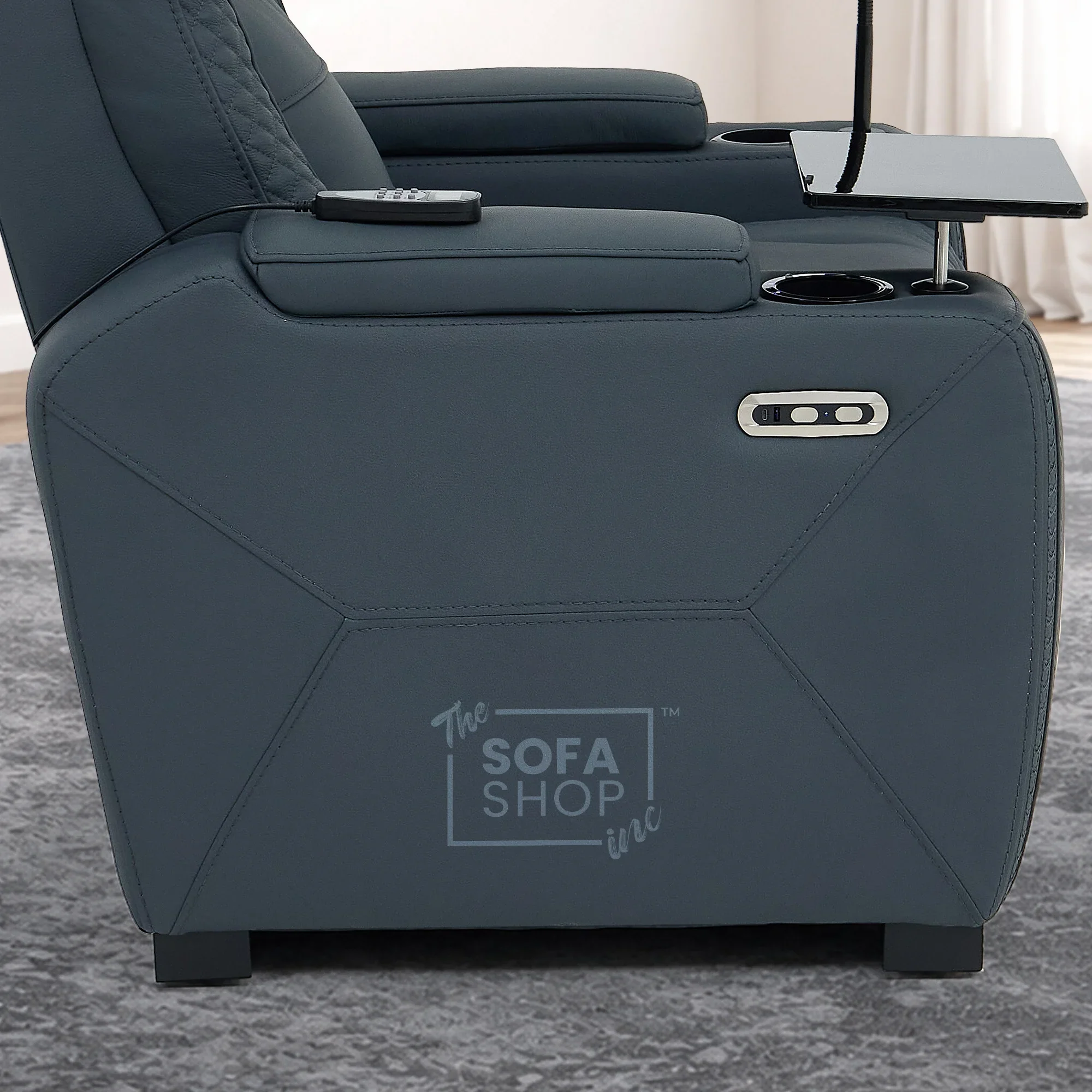 1 Seater Real Leather Electric Recliner Cinema Chair in Blue | Massage & Heat, Tray Table, Power Grommet & Cooling Cup Holder | Napoli | The Sofa Shop - Image 11