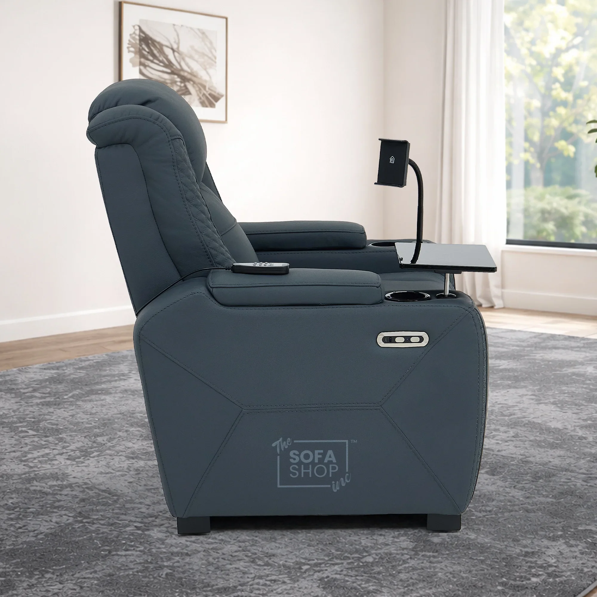 1 Seater Real Leather Electric Recliner Cinema Chair in Blue | Massage & Heat, Tray Table, Power Grommet & Cooling Cup Holder | Napoli | The Sofa Shop - Image 4
