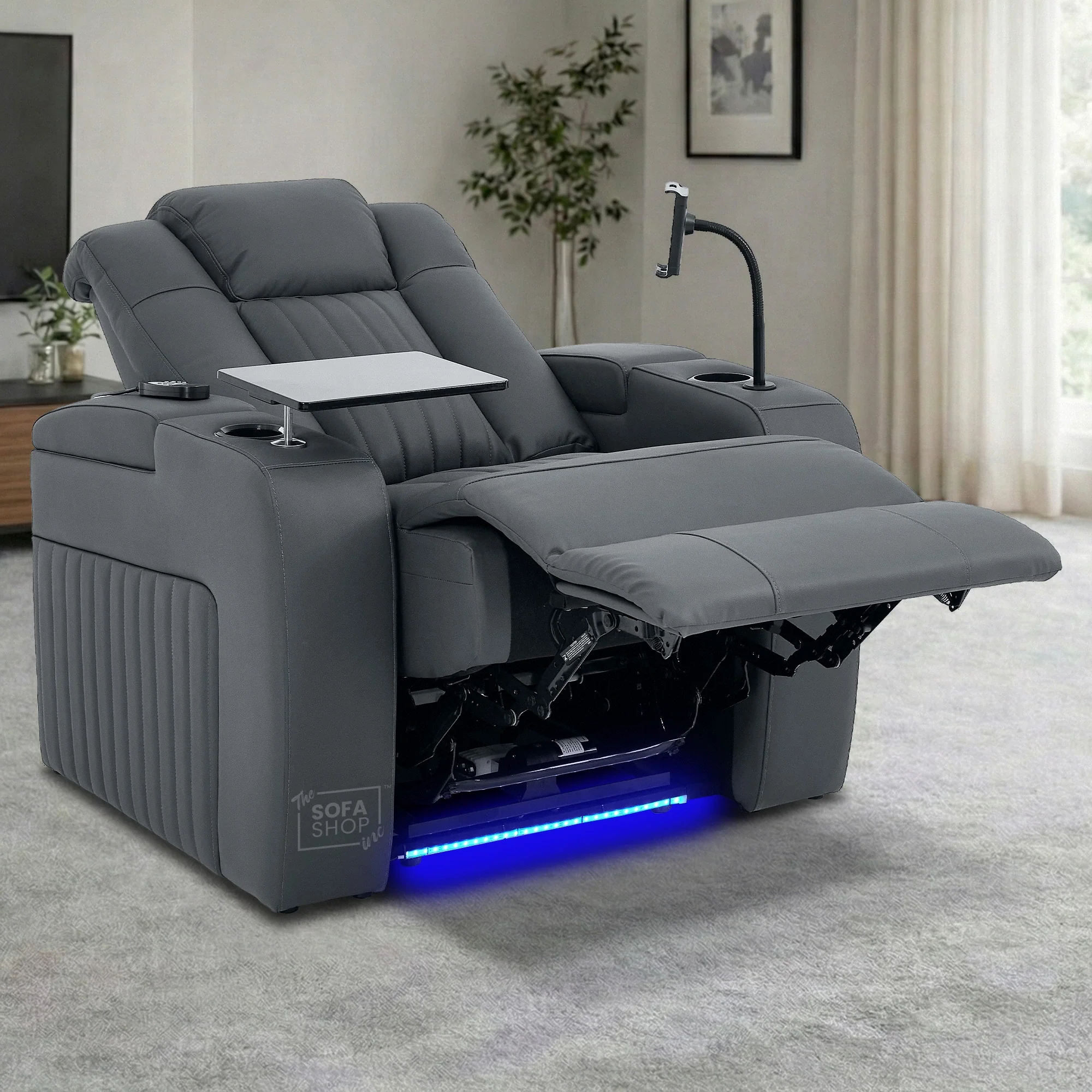 Real Leather Recliner Chair & Cinema Seat in Grey | Electric Armchair with Massage, Heating, LED Cup Holders, Table & USB Ports | Capri - Image 3