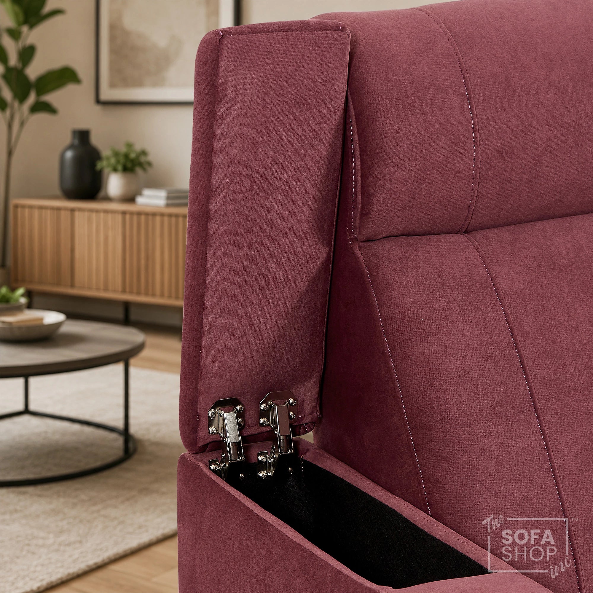 Recliner Chair with Electric Reclining, Massage, USB Ports, Cup Holders & LED Lights, Purple Velvet Fabric Sofa | Rimini | The Sofa Shop - Image 11