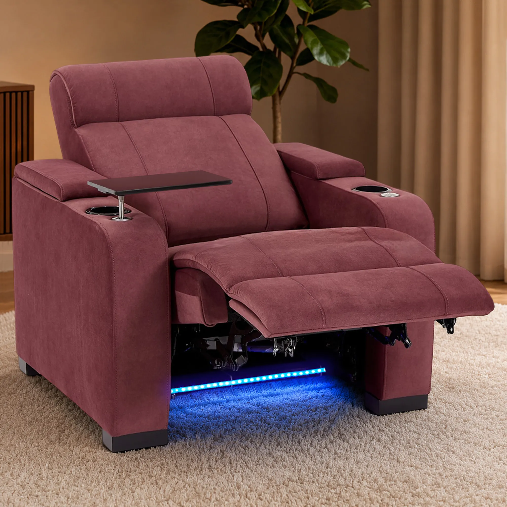 Recliner Chair with Electric Reclining, Massage, USB Ports, Cup Holders & LED Lights, Purple Velvet Fabric Sofa | Rimini | The Sofa Shop - Image 4
