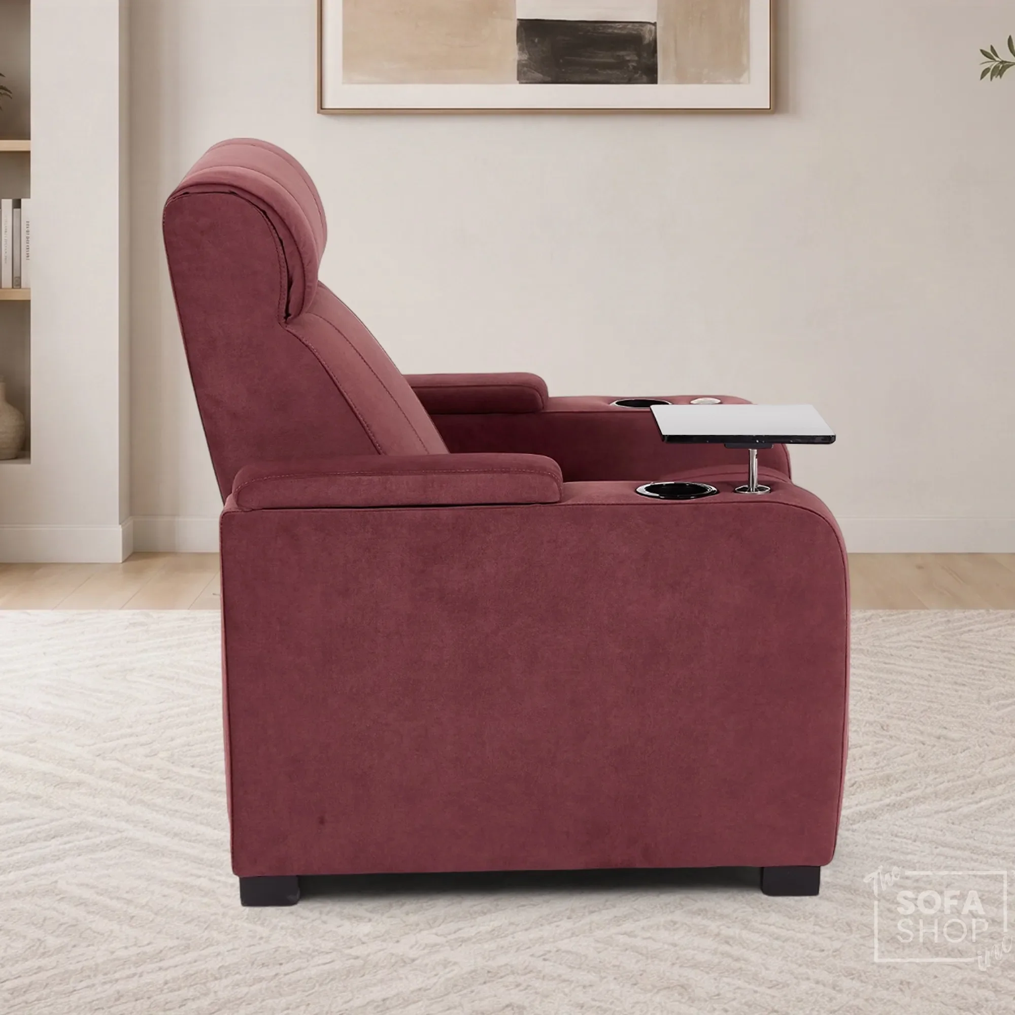 Recliner Chair with Electric Reclining, Massage, USB Ports, Cup Holders & LED Lights, Purple Velvet Fabric Sofa | Rimini | The Sofa Shop - Image 5