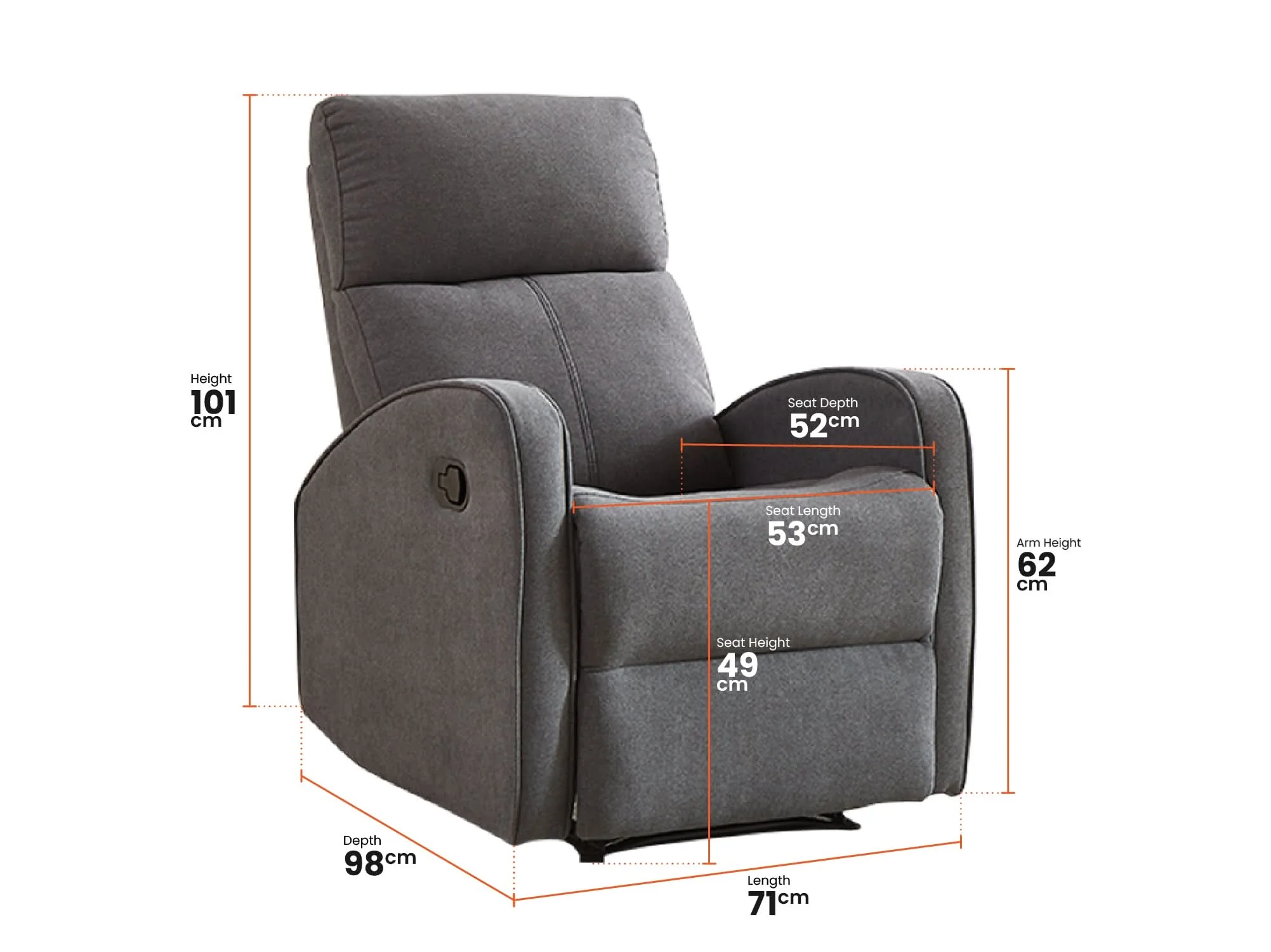 1 Seater Dark Grey Fabric Manual Recliner Armchair With High-Back Support & Comfortable Padding | Parma | The Sofa Shop - Image 3
