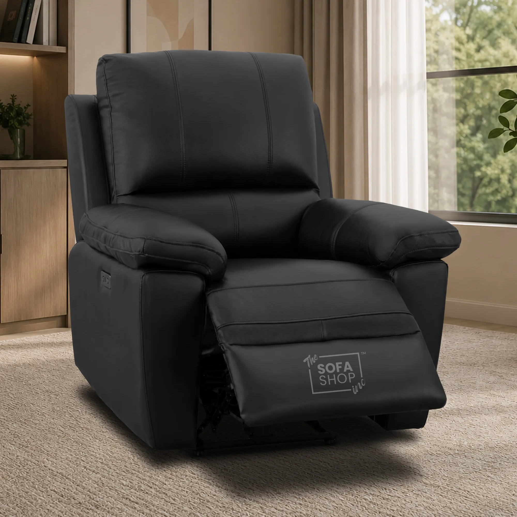 1 Seater Electric Recliner Chair In Black Real Leather | Hi-Tech Cinema Armchair With Power Recline + USB-C Charging + Padded Armrests + Lower Back Cushioning + Wall Hugging Design | Trento | The Sofa Shop