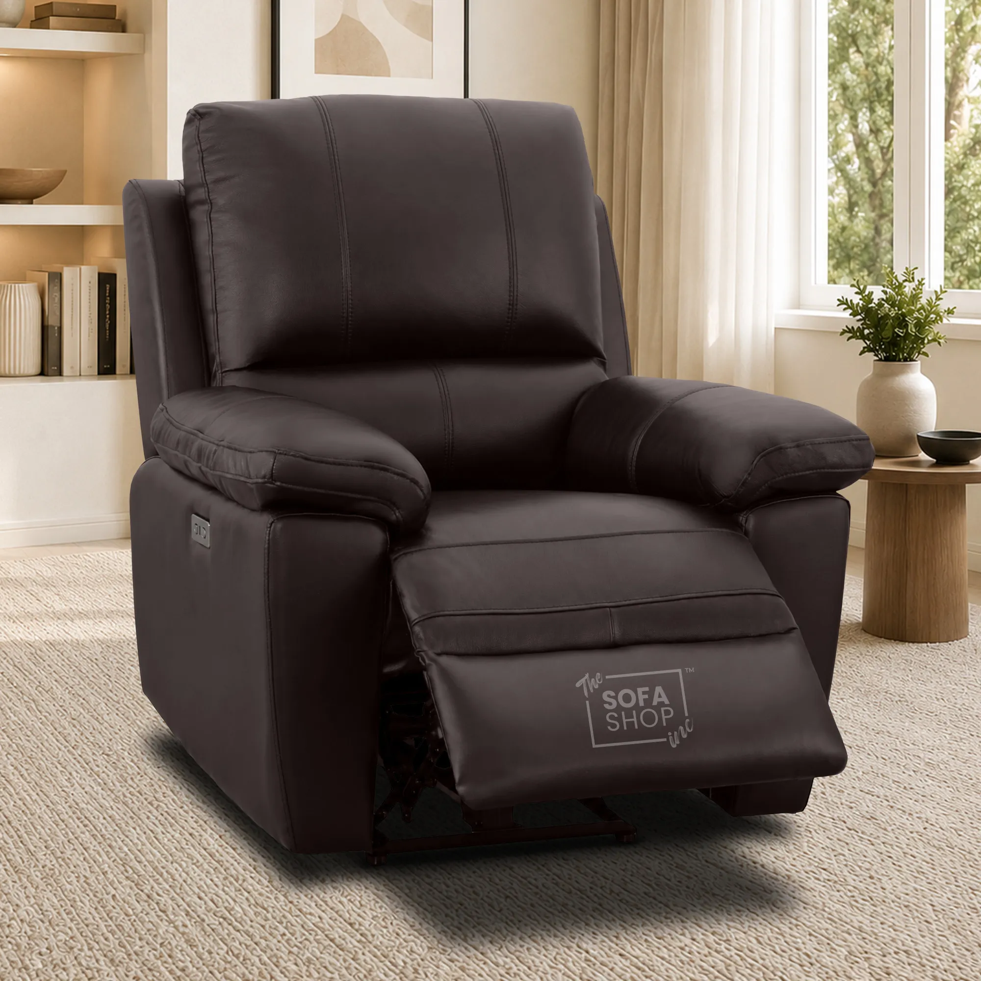 1 Seater Electric Recliner Chair In Dark Brown Real Leather | Electric Armchair With Power Recline + USB-C Charging + Padded Armrests + Lower Back Cushioning + Wall Hugging | Trento | The Sofa Shop