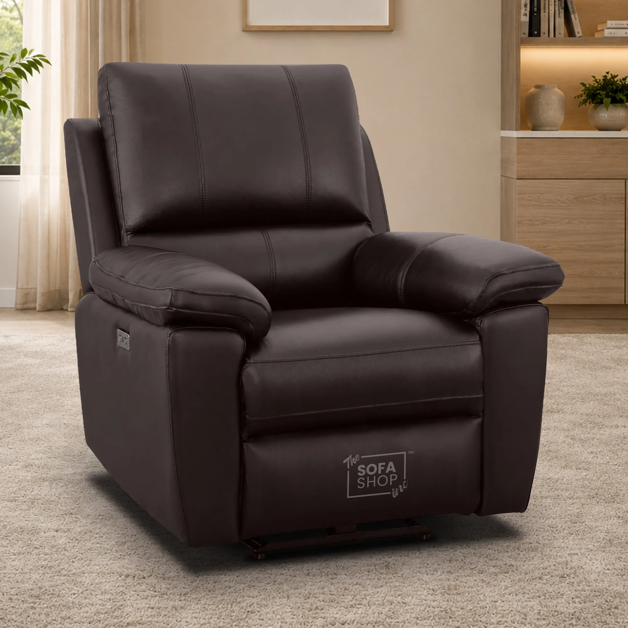 1 Seater Electric Recliner Chair In Dark Brown Real Leather | Electric Armchair With Power Recline + USB-C Charging + Padded Armrests + Lower Back Cushioning + Wall Hugging | Trento | The Sofa Shop - Image 2