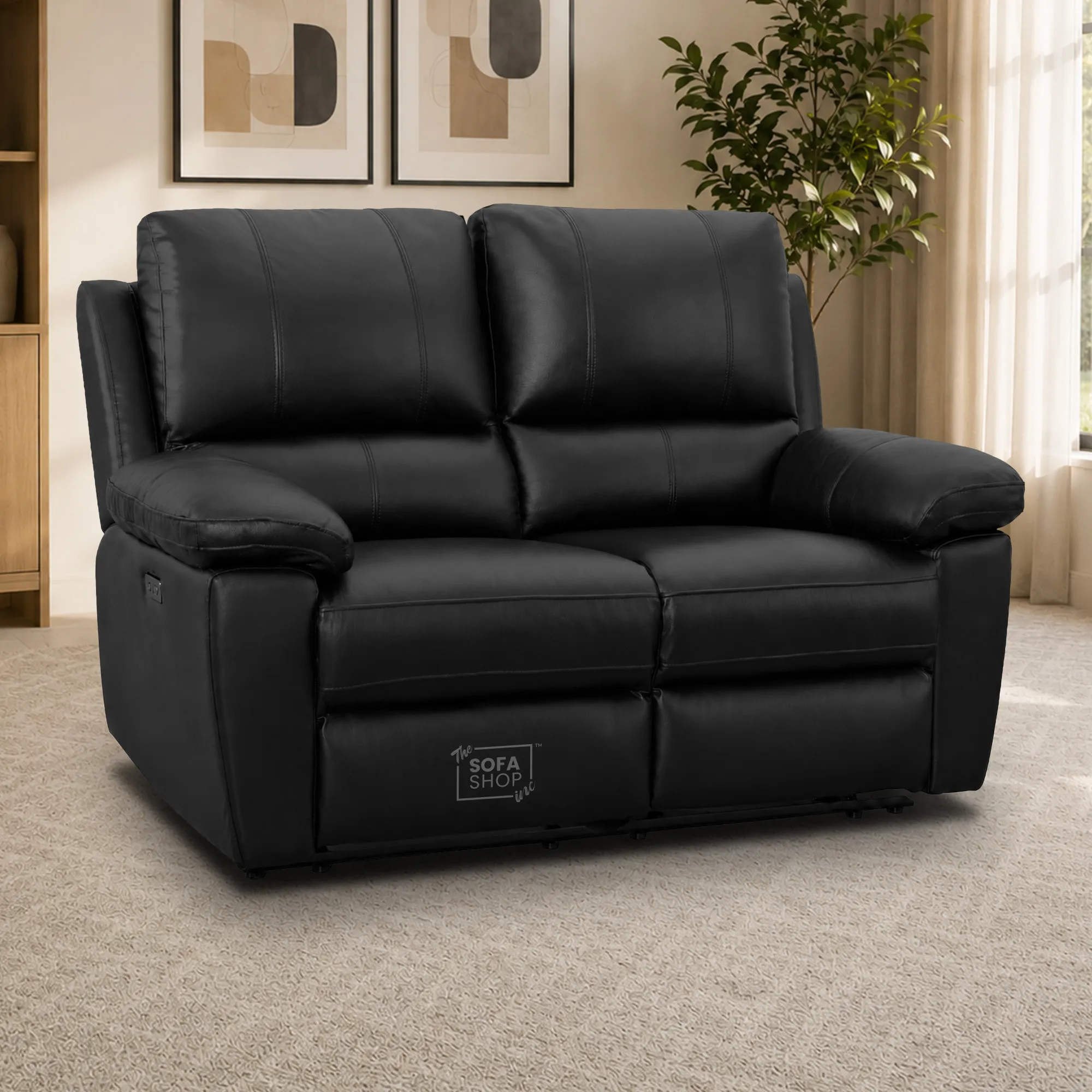 2 Seater Electric Recliner Sofa In Black Real Leather | Smooth Power Recliner, USB-C Charging | Trento | The Sofa Shop - Image 3