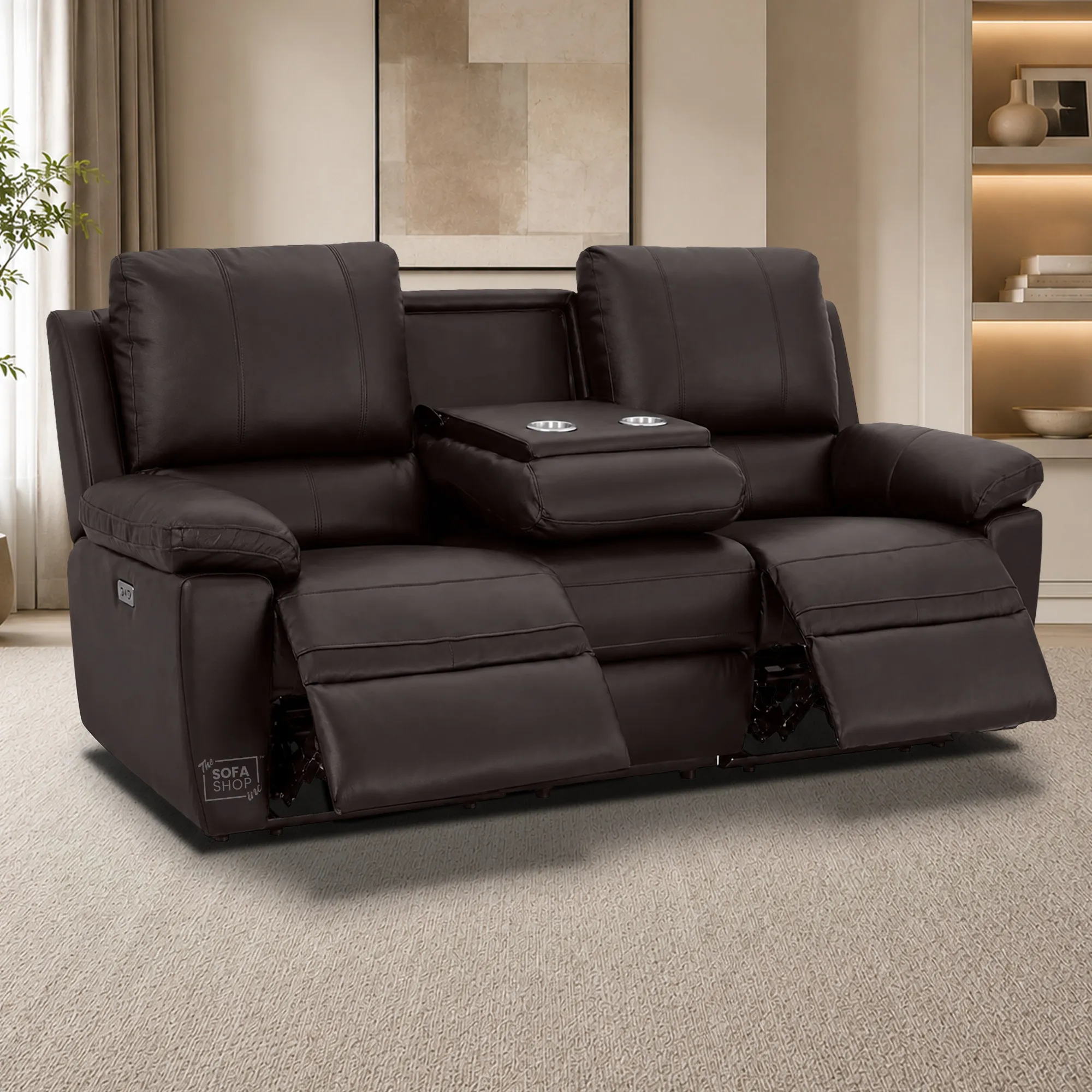 3 Seater Electric Recliner Sofa In Dark Brown Real Leather | Electric Settee With Power Recline + Drop-Down Table + Cup Holders + USB-C Charging | Trento | The Sofa Shop - Image 3