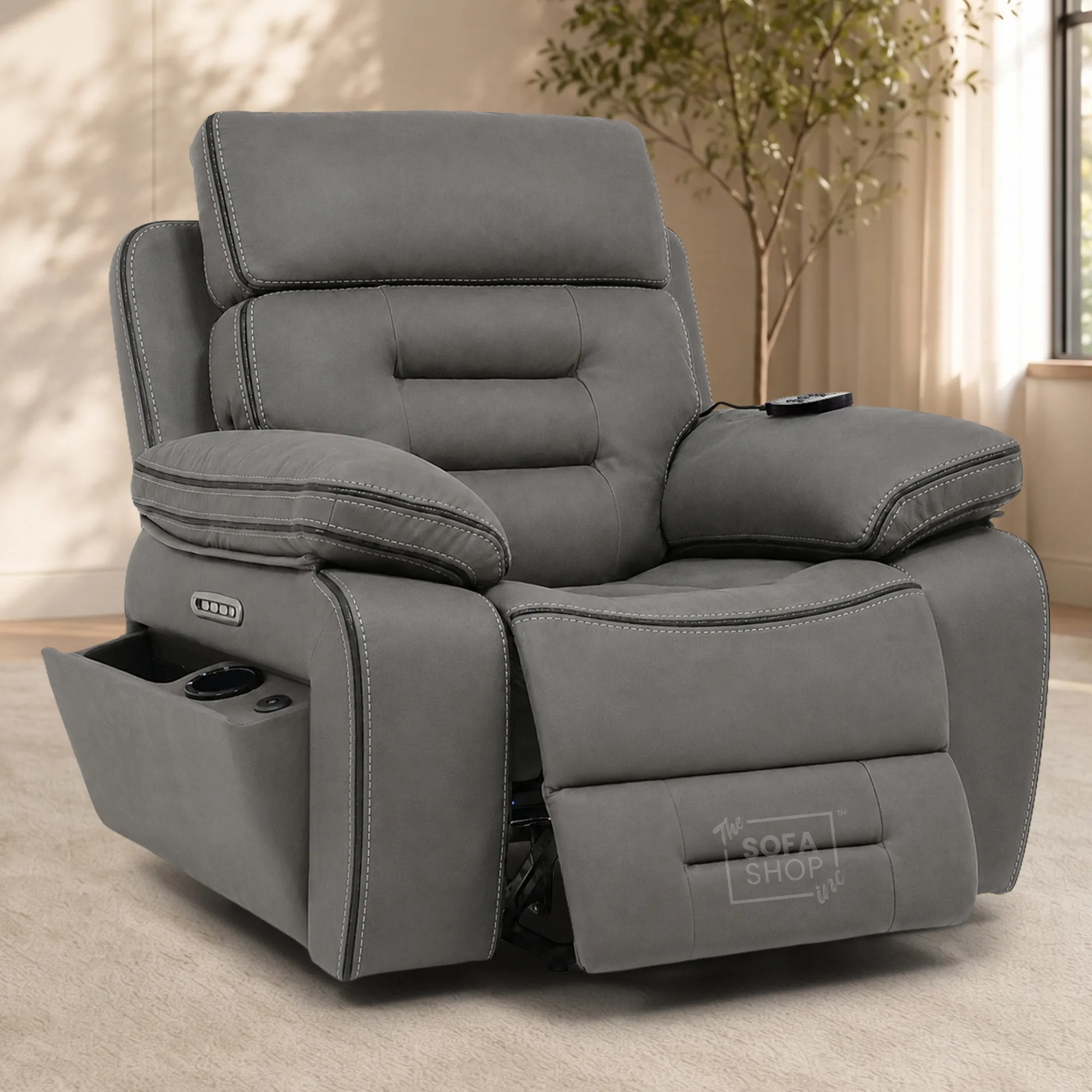 Electric Riser Chair In Graphite Grey Fabric | Hi-Tech Recliner Armchair With Vibration Massage + Heated Lumbar + Cooling Cup Holder + Power Headrest | Tuscany | The Sofa Shop - Image 3