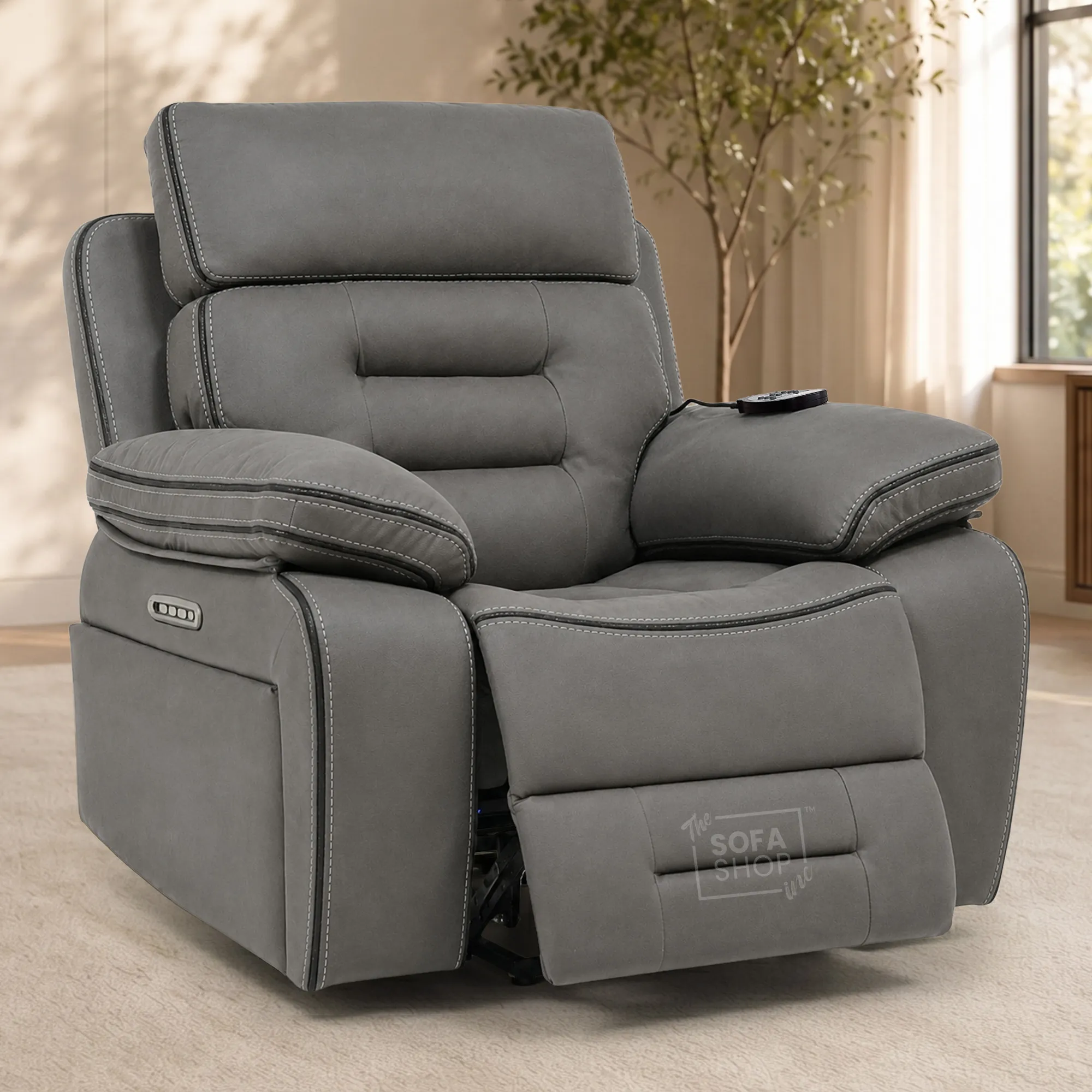Electric Riser Chair In Graphite Grey Fabric | Hi-Tech Recliner Armchair With Vibration Massage + Heated Lumbar + Cooling Cup Holder + Power Headrest | Tuscany | The Sofa Shop - Image 4