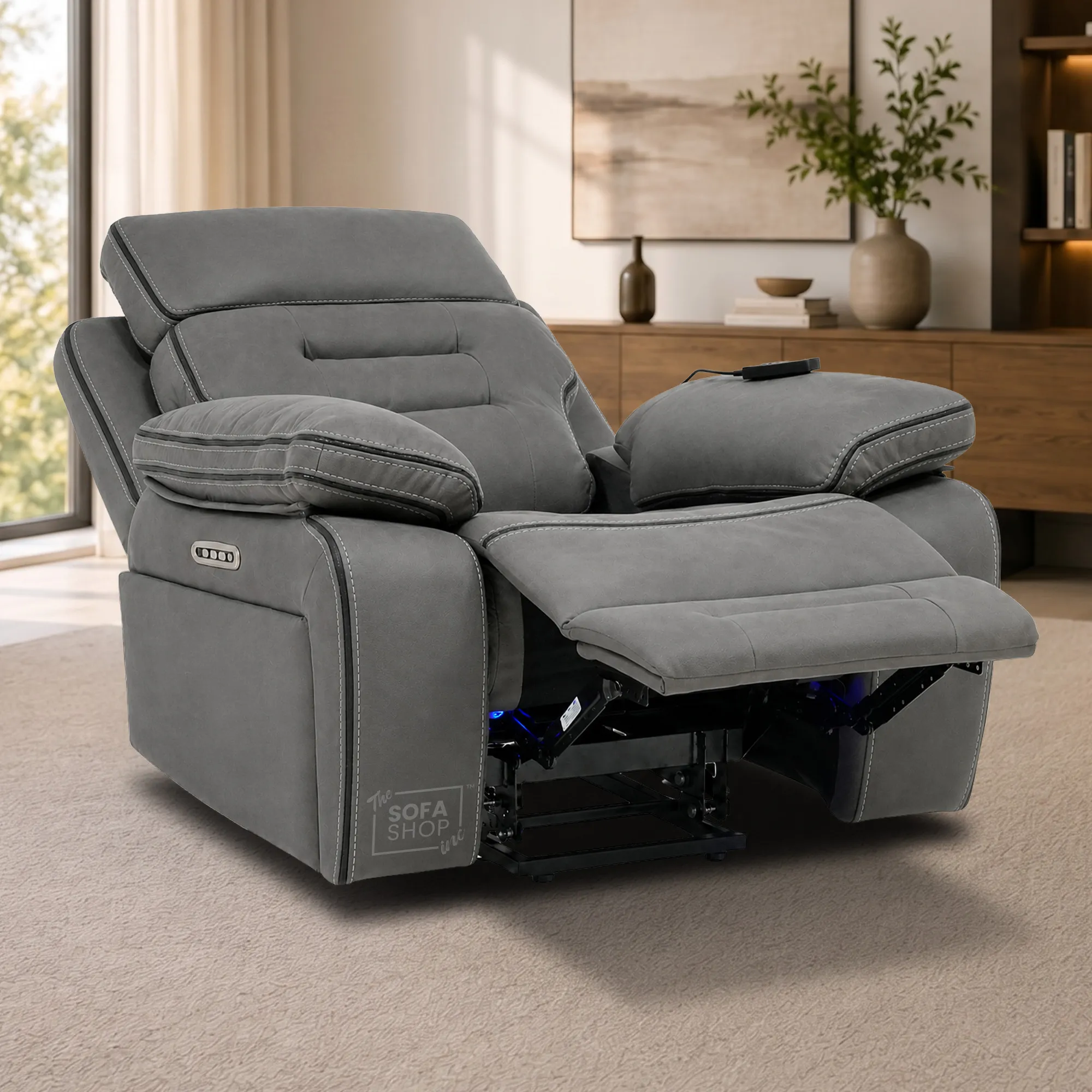 Electric Riser Chair In Graphite Grey Fabric | Hi-Tech Recliner Armchair With Vibration Massage + Heated Lumbar + Cooling Cup Holder + Power Headrest | Tuscany | The Sofa Shop - Image 5