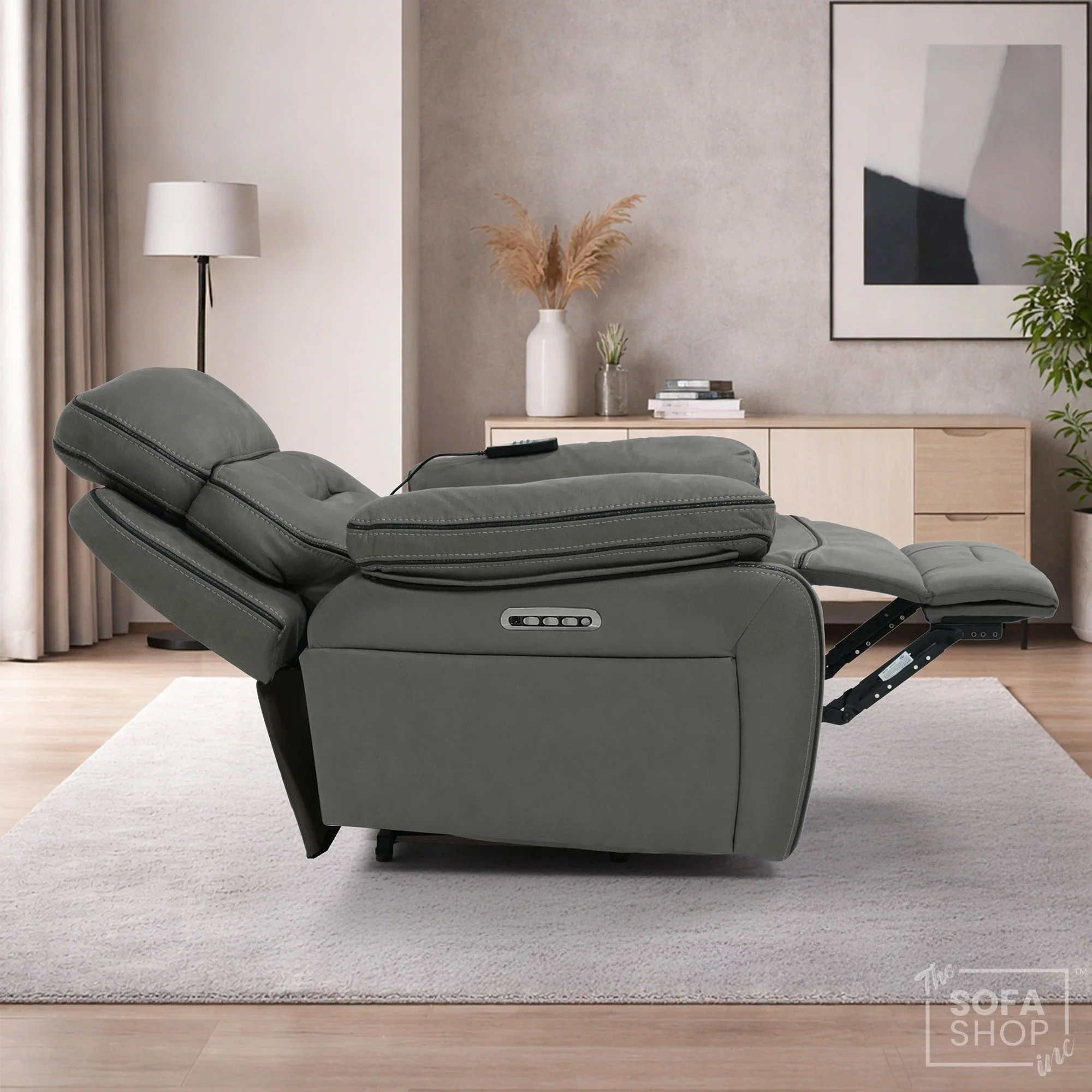 Electric Riser Chair In Graphite Grey Fabric | Hi-Tech Recliner Armchair With Vibration Massage + Heated Lumbar + Cooling Cup Holder + Power Headrest | Tuscany | The Sofa Shop - Image 7