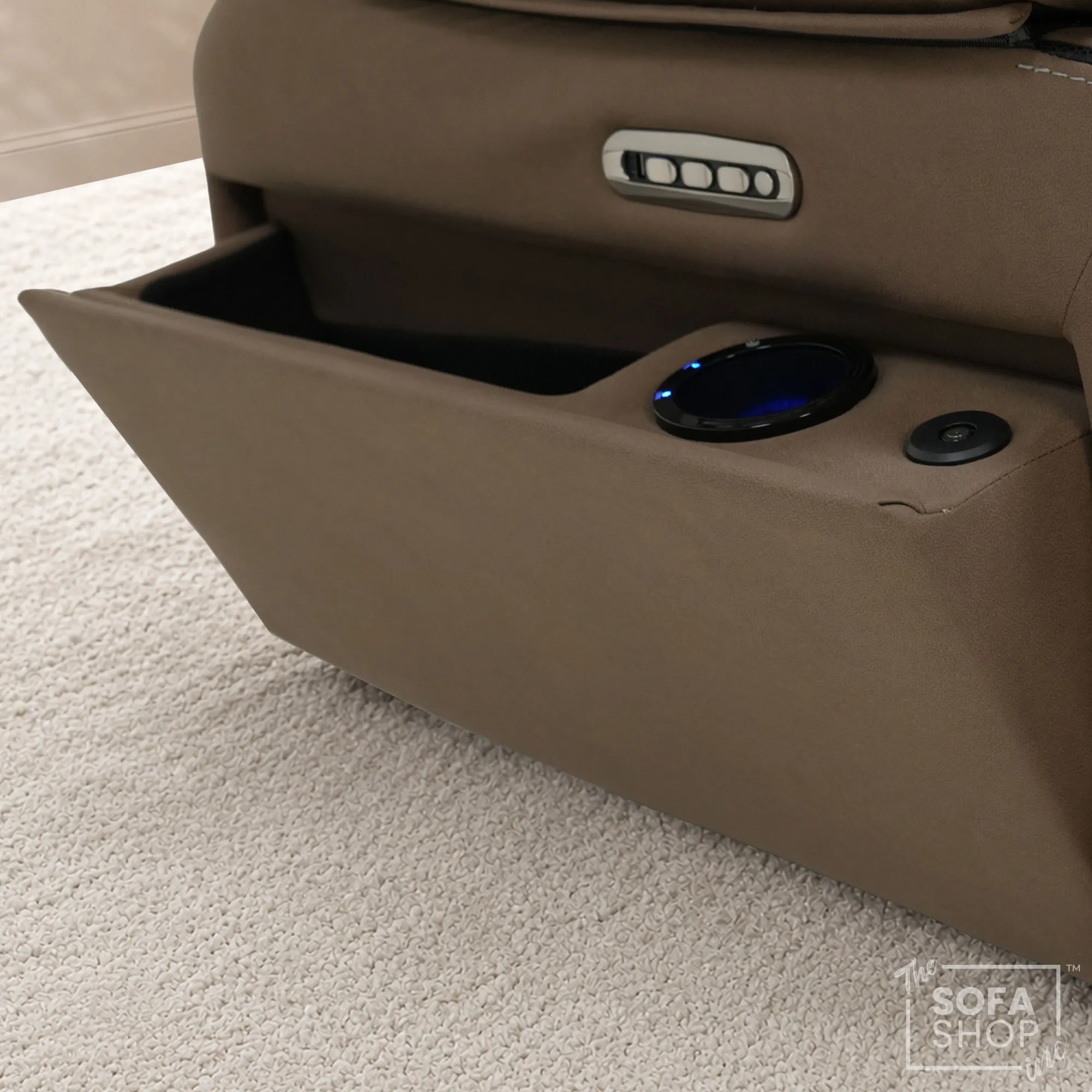 Electric Riser Chair In Mocha Brown Fabric | Hi-Tech Recliner Armchair With Vibration Massage + Heated Lumbar + Cooling Cup Holder + Power Headrest | Tuscany | The Sofa Shop - Image 19