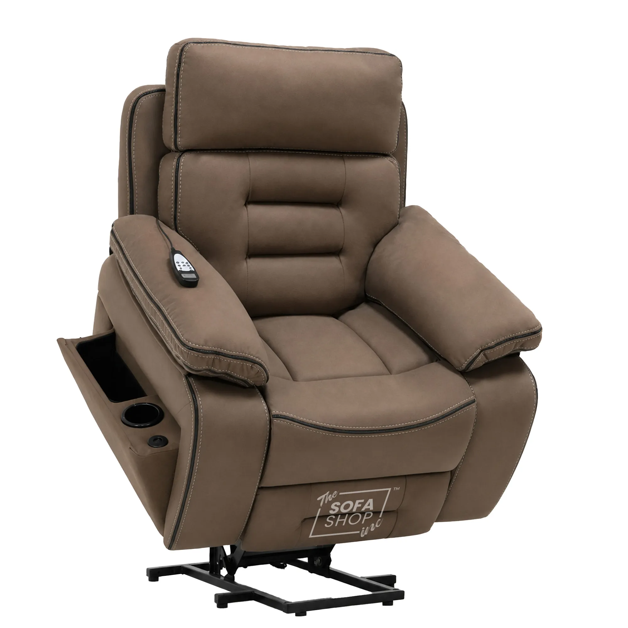 Electric Riser Chair In Mocha Brown Fabric | Hi-Tech Recliner Armchair With Vibration Massage + Heated Lumbar + Cooling Cup Holder + Power Headrest | Tuscany | The Sofa Shop - Image 21