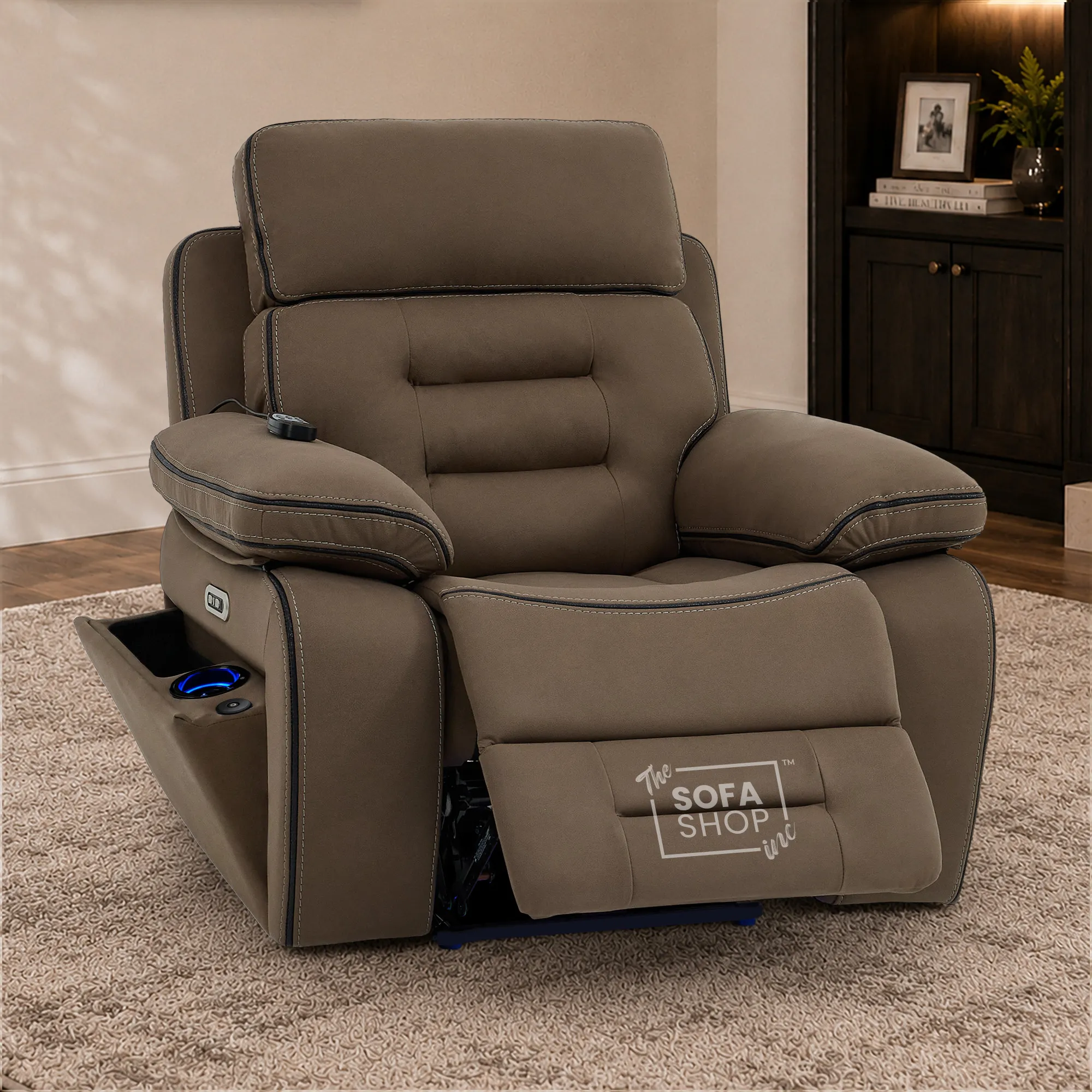 Electric Riser Chair In Mocha Brown Fabric | Hi-Tech Recliner Armchair With Vibration Massage + Heated Lumbar + Cooling Cup Holder + Power Headrest | Tuscany | The Sofa Shop - Image 4