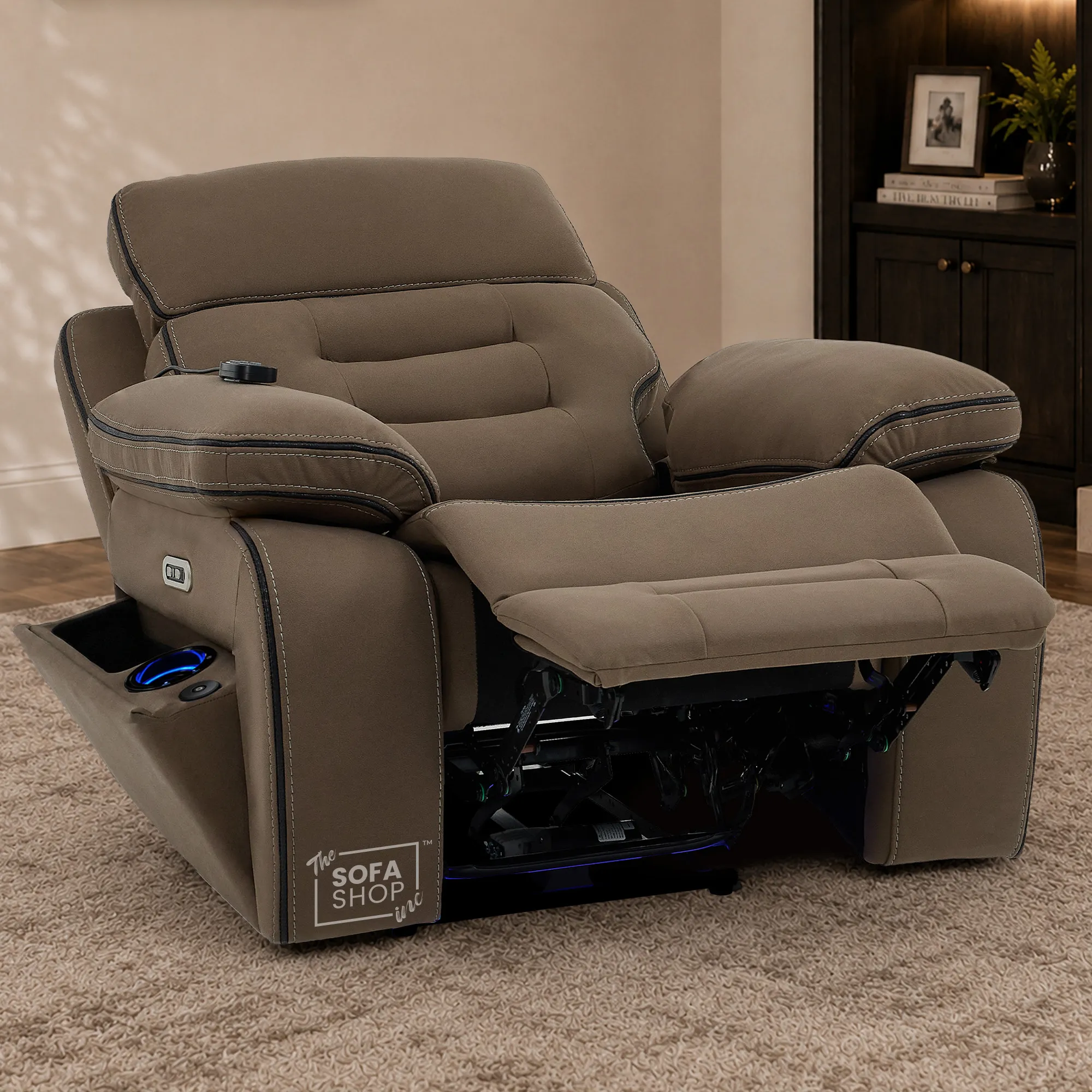 Electric Riser Chair In Mocha Brown Fabric | Hi-Tech Recliner Armchair With Vibration Massage + Heated Lumbar + Cooling Cup Holder + Power Headrest | Tuscany | The Sofa Shop - Image 5