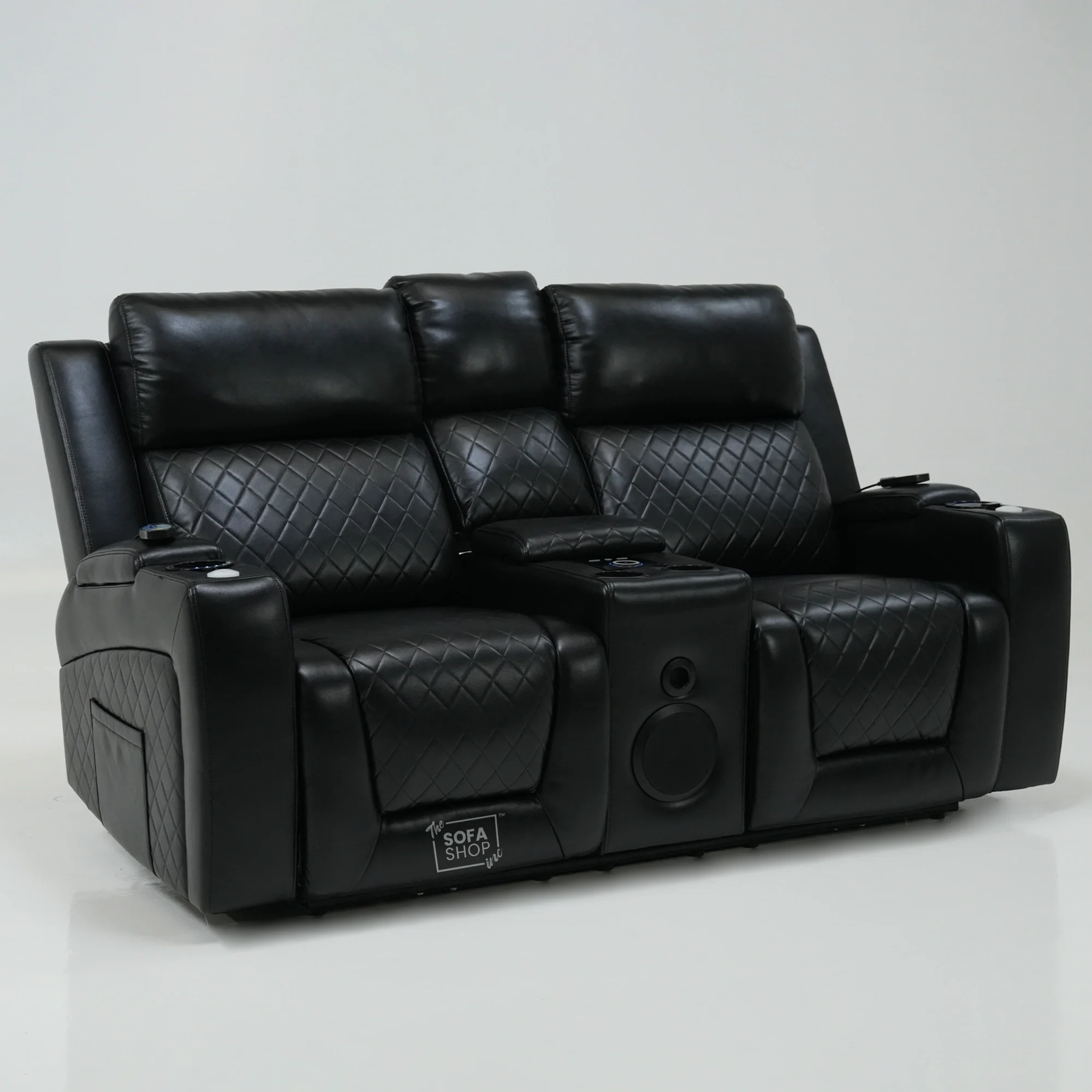 2 Seater Black Leather Smart Recliner With Massage & Speakers | Different Cupholders | Venice | Ex Display