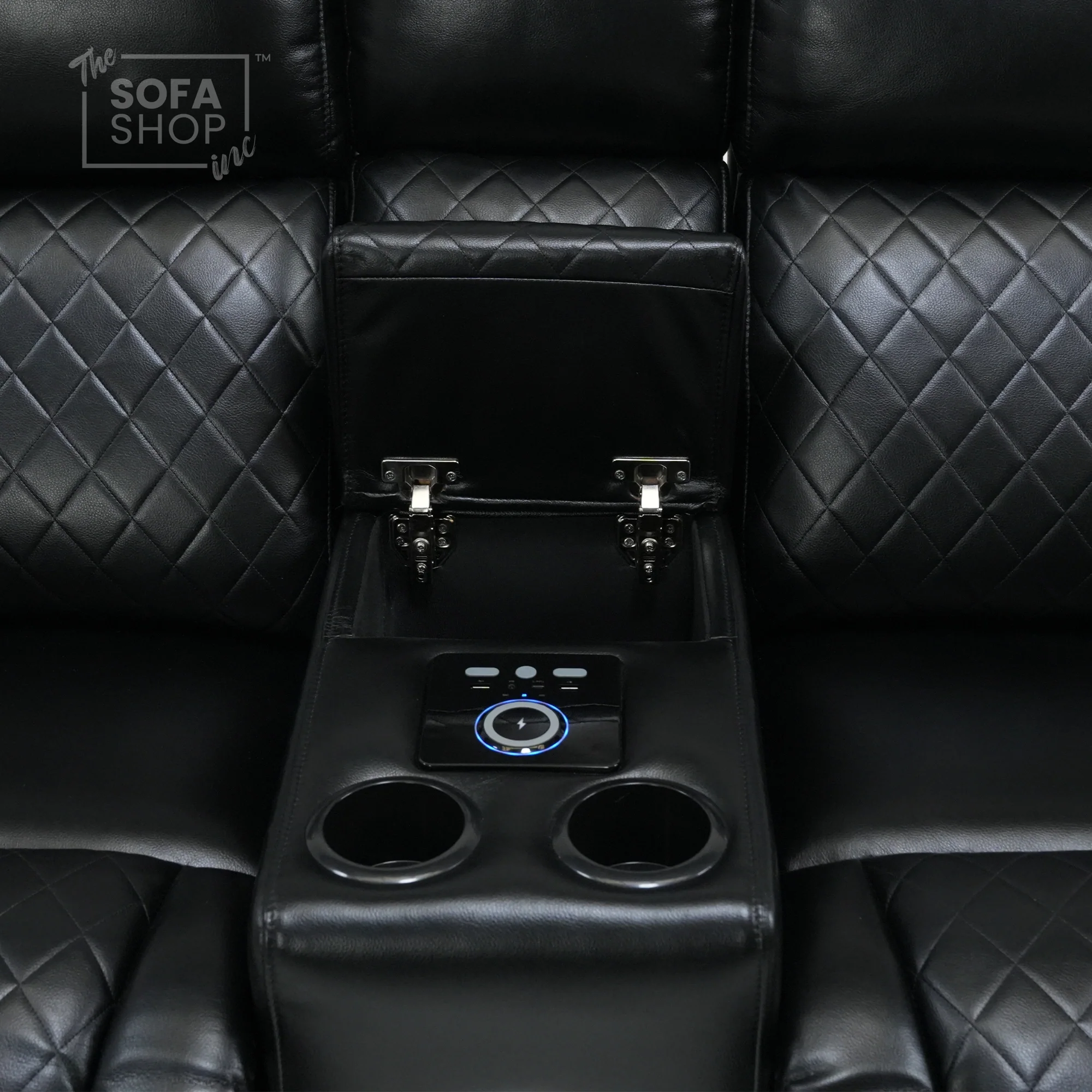 2 Seater Black Leather Smart Recliner With Massage & Speakers | Different Cupholders | Venice | Ex Display - Image 10