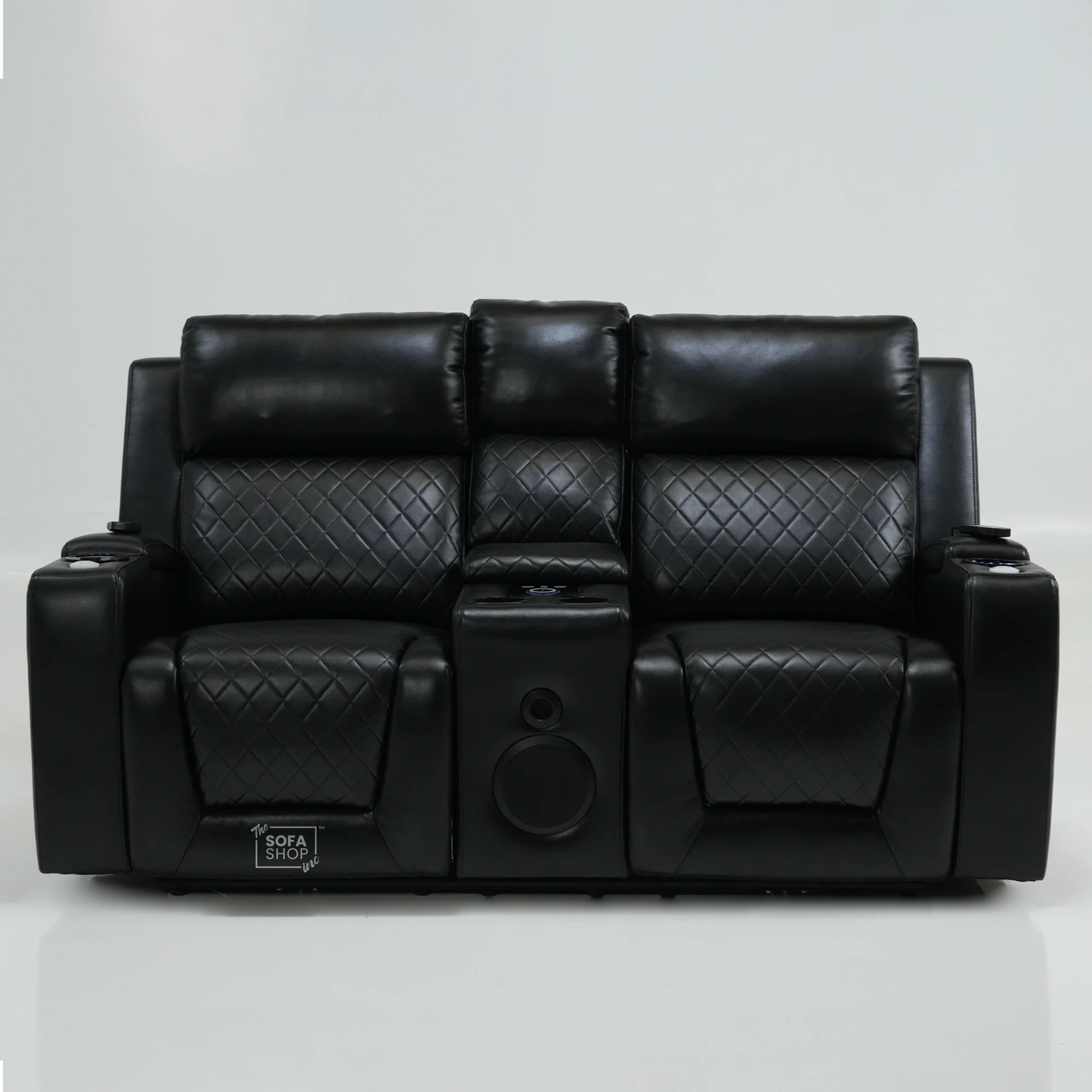 2 Seater Black Leather Smart Recliner With Massage & Speakers | Different Cupholders | Venice | Ex Display - Image 2