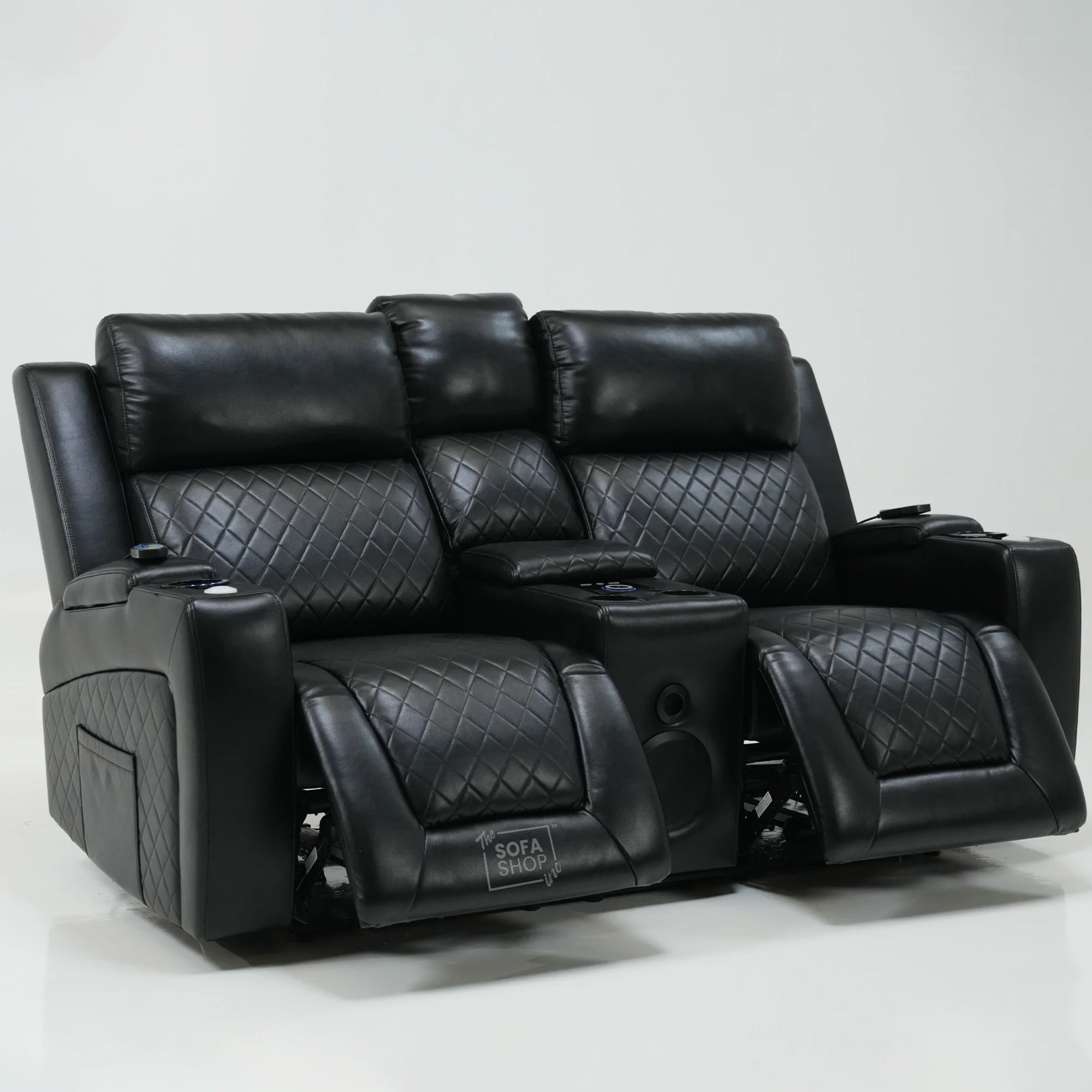 2 Seater Black Leather Smart Recliner With Massage & Speakers | Different Cupholders | Venice | Ex Display - Image 3
