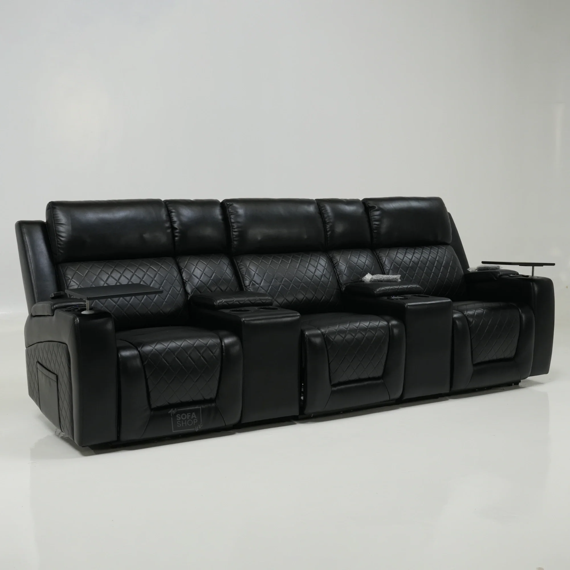 3 Seater Black Leather Smart Recliner With Massage & Tray Tables | Cupholder LED Not Working | Venice | Ex-Display