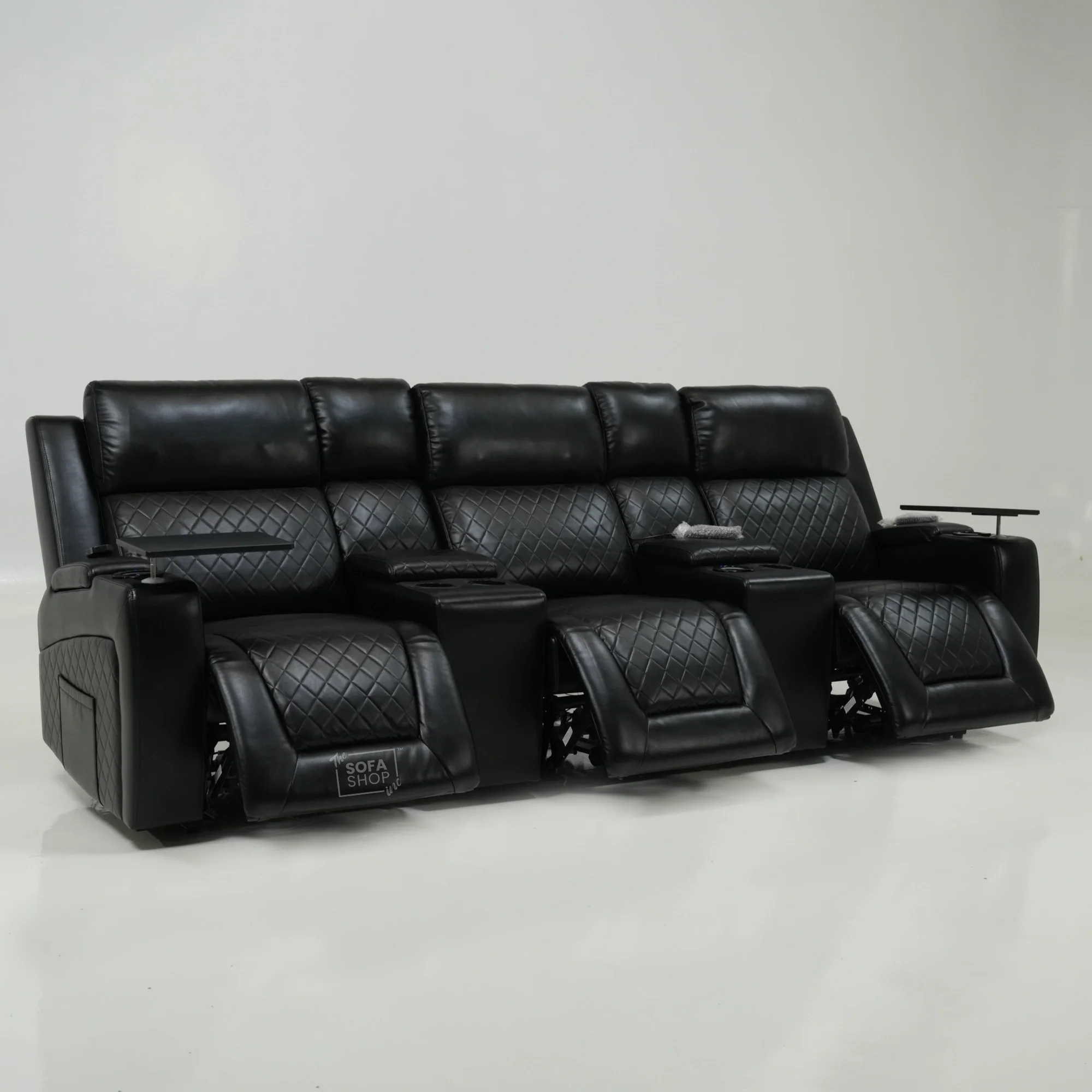 3 Seater Black Leather Smart Recliner With Massage & Tray Tables | Cupholder LED Not Working | Venice | Ex-Display - Image 17