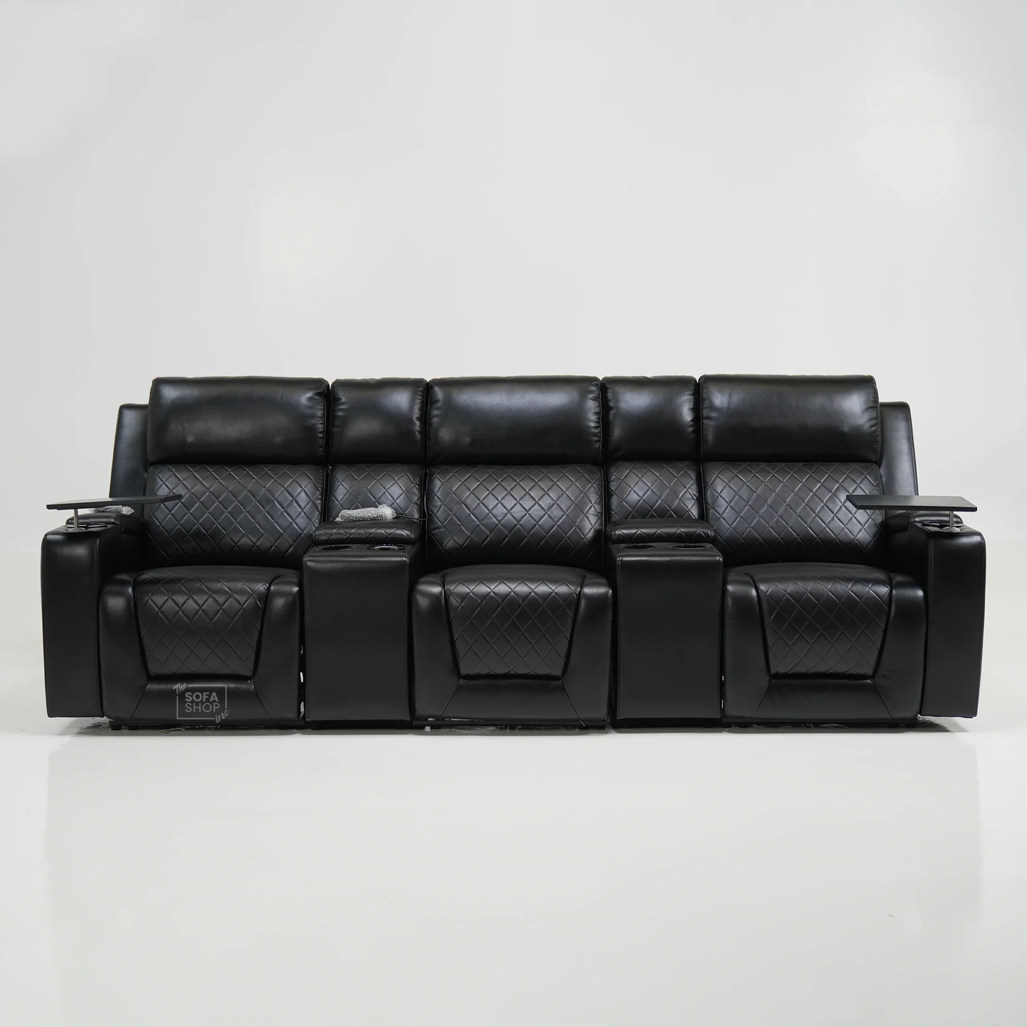 3 Seater Black Leather Smart Recliner With Massage & Tray Tables | Cupholder LED Not Working | Venice | Ex-Display - Image 2