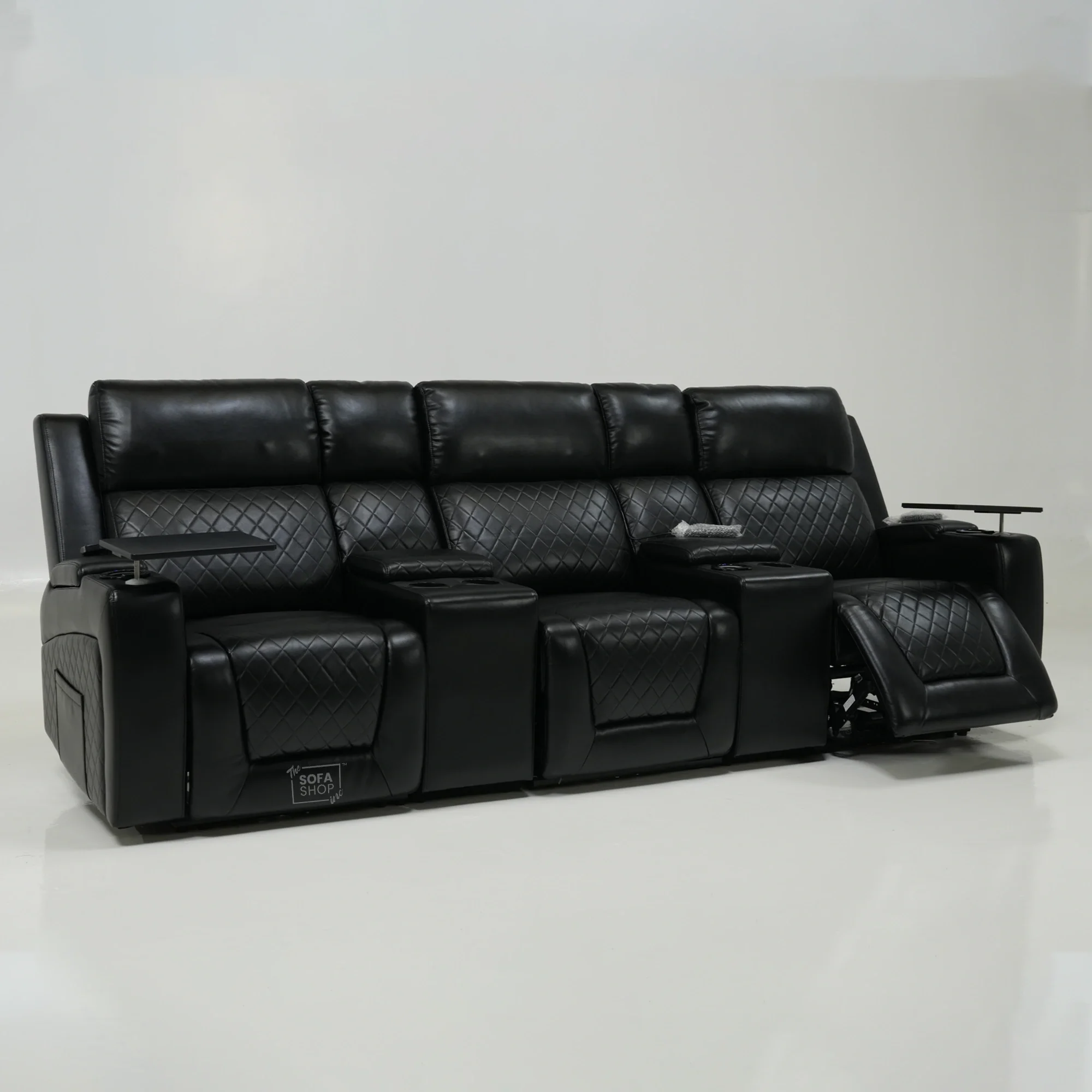 3 Seater Black Leather Smart Recliner With Massage & Tray Tables | Cupholder LED Not Working | Venice | Ex-Display - Image 3